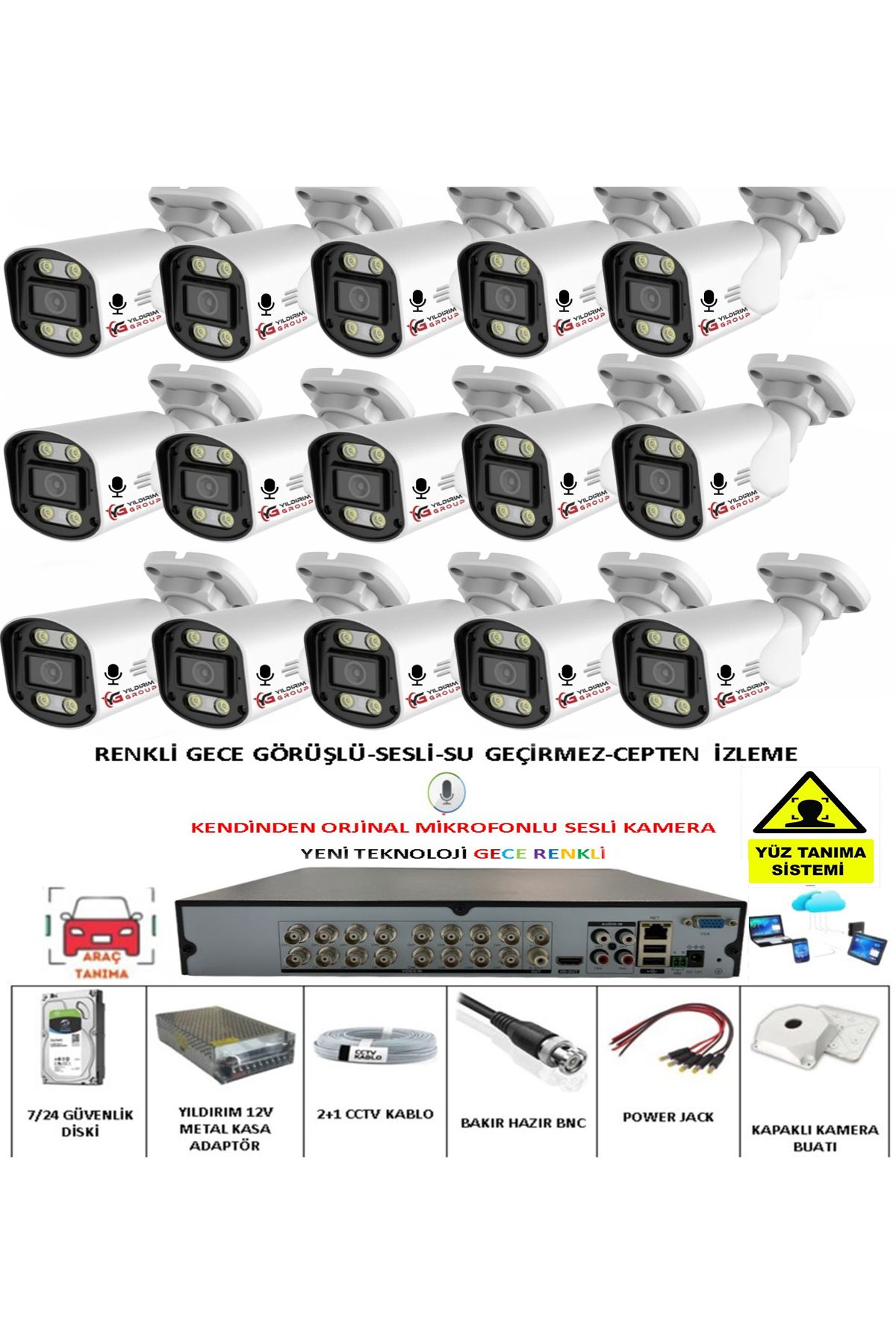 YILDIRIMGROUP 15 Lİ SESLİ GÜVENLİK KAMERASI 5 MP GECE RENKLİ YÜZ VE ARAÇ TANIMALI FULL HD KAMERA SİSTEMİ