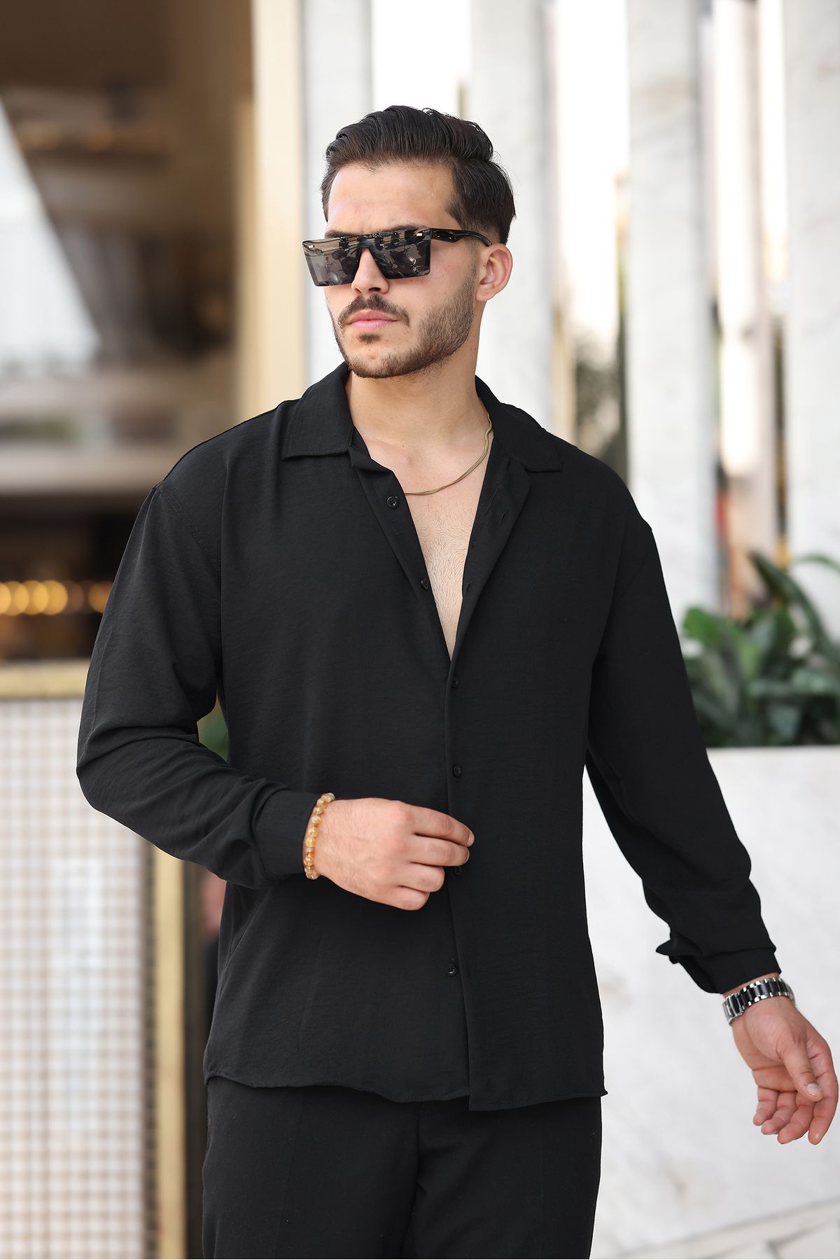 EKZMODA Erkek Siyah Bol Kesim Dokulu Oversize Salaş Ayrobin Gömlek