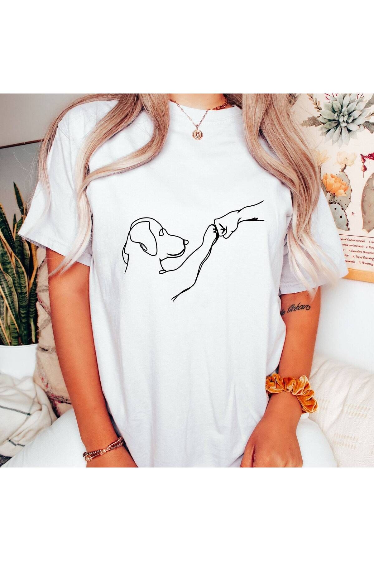 blausee wear Unisex Beyaz Bisiklet Yaka Köpek Dost Baskılı Oversize Tshırt Tişört