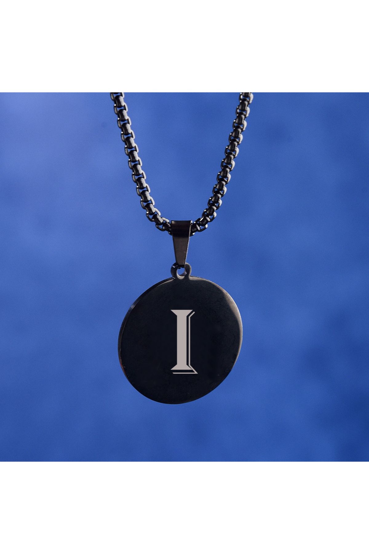 idolavm Black Dream I Harfli Siyah Küçük Daire Erkek Kolye Çelik Takı