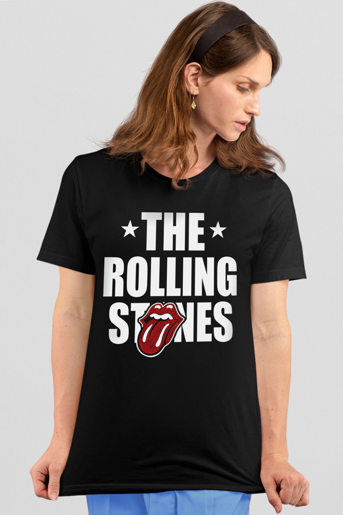 ROCKANDROLL Rolling Stones Siyah Kısa Kollu Kadın T-shirt