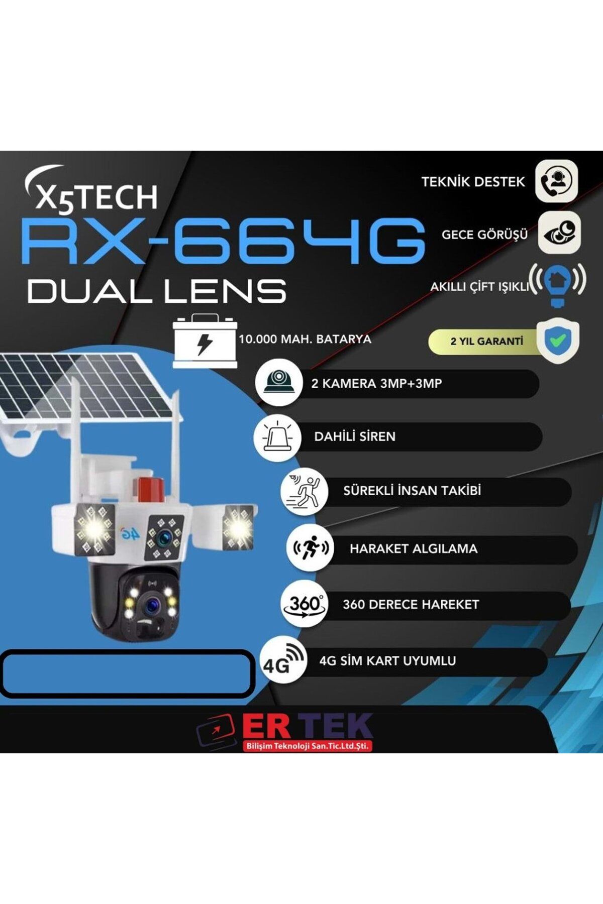 X5 TECH X5-TECH RX-664G SPEED DOME KAMERA SOLAR 4G 2*3MP BEYAZ