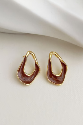 Glaren Asimetrik Bordo Mineli Altın Renk Kadın Küpe