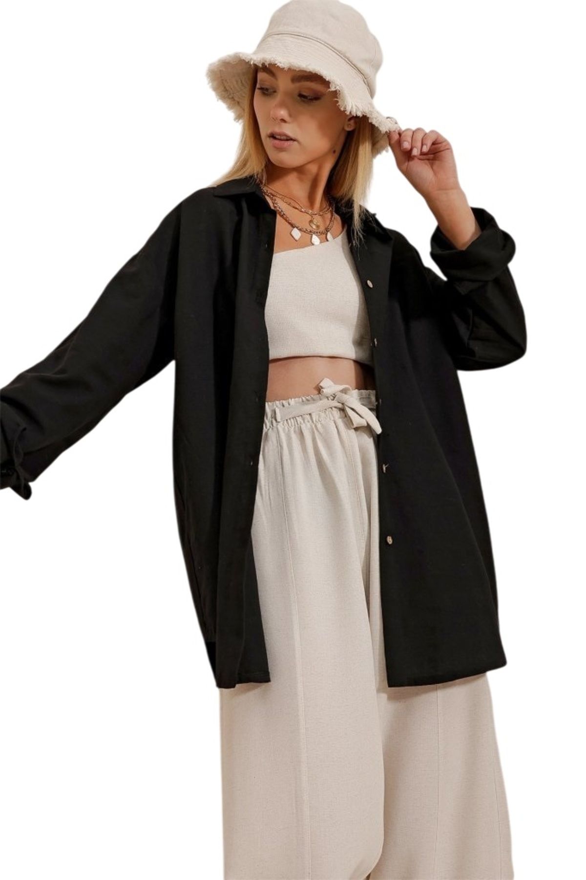 fh fashionhere Kadın Oversize Keten Gömlek