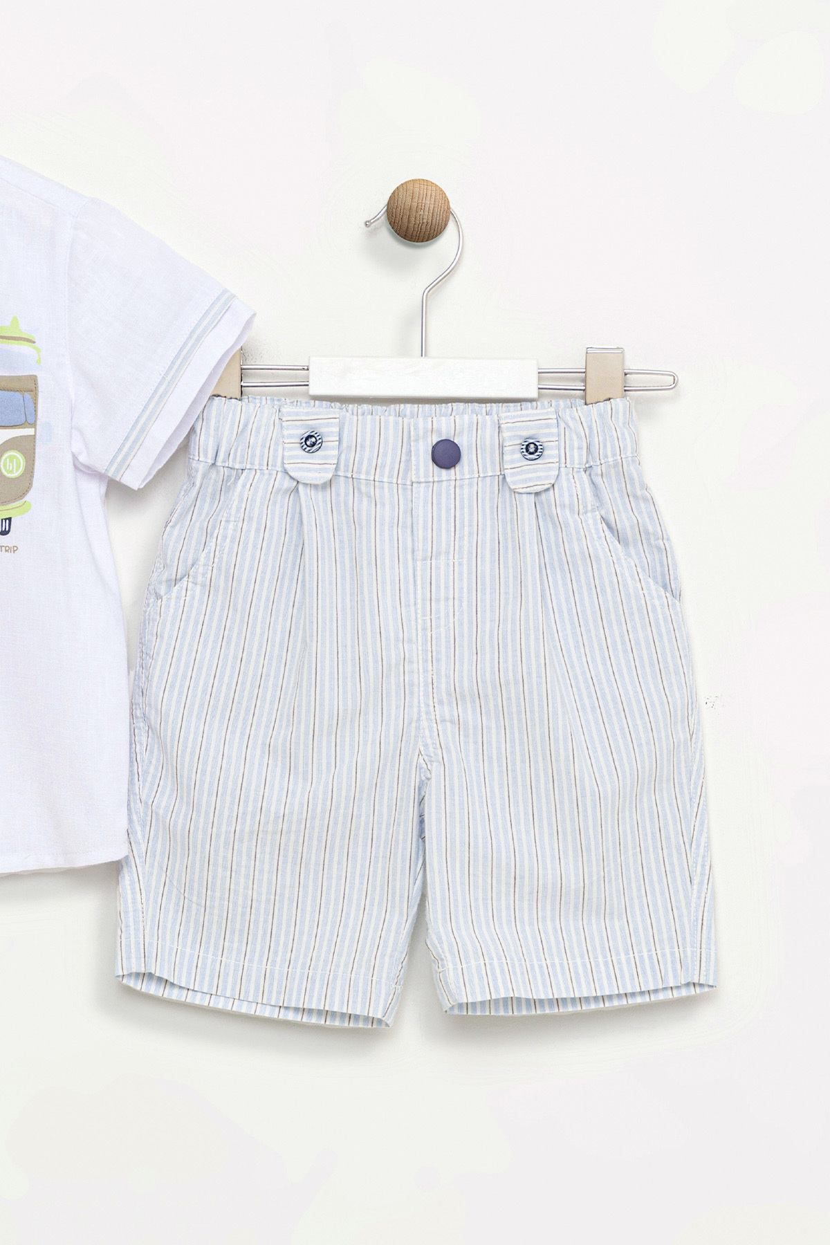 Bombili-Short Sleeve Button Embroidered Shirt Striped Elastic Pocket Cotton Shorts Baby Boy Set 3