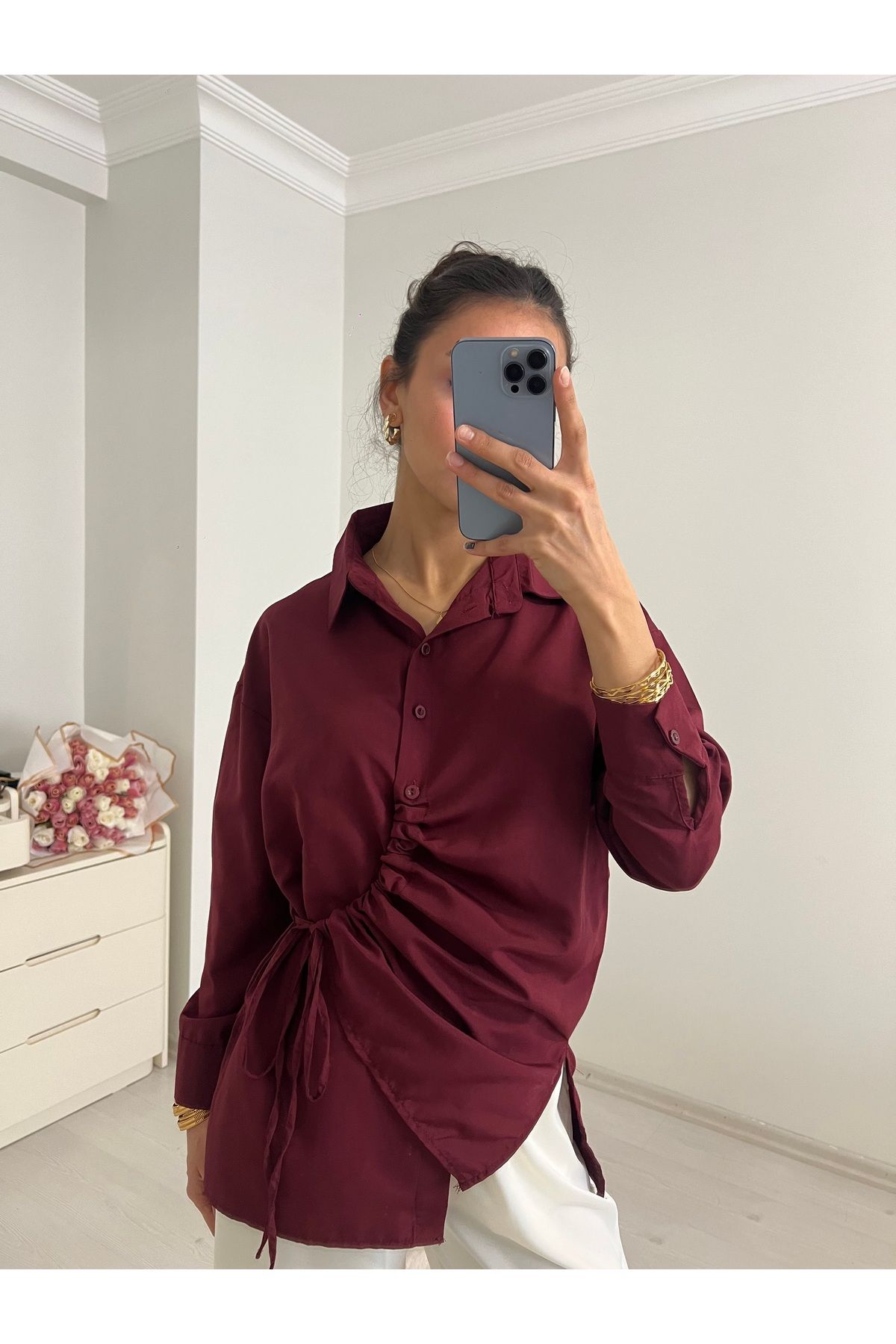 Üda Boutique Bordo bağlama detaylı gömlek
