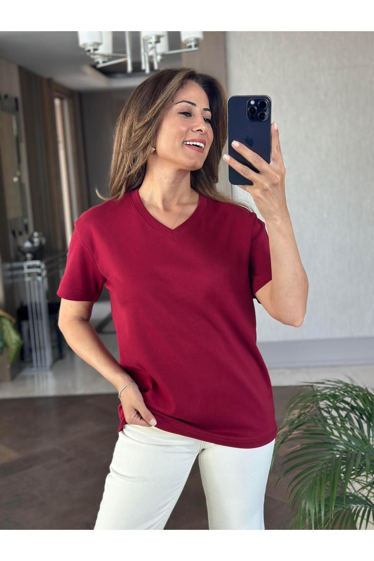 Forlady4 Bordo V Yaka MD Model Kadın T-Shirt
