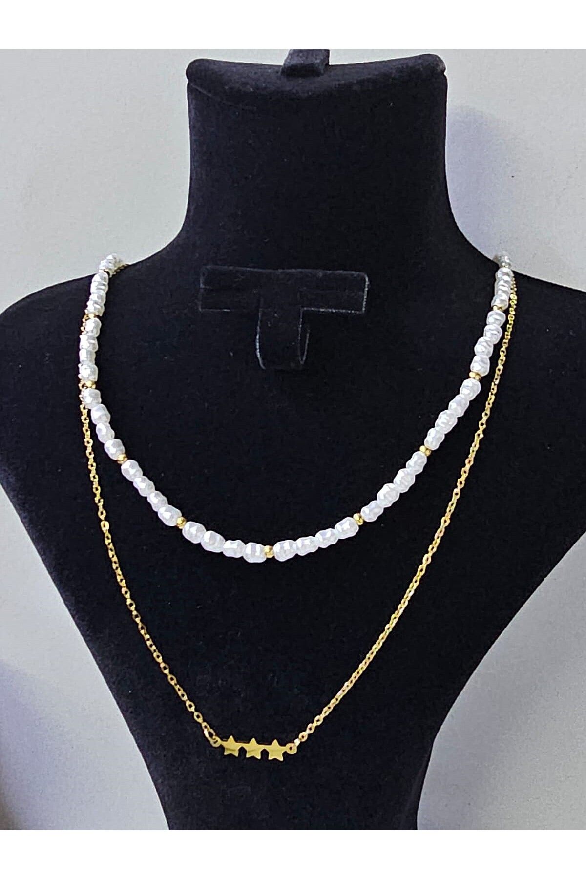 MODA Çift zincirli yıldızlı ve doğal taşlı çelik kolye