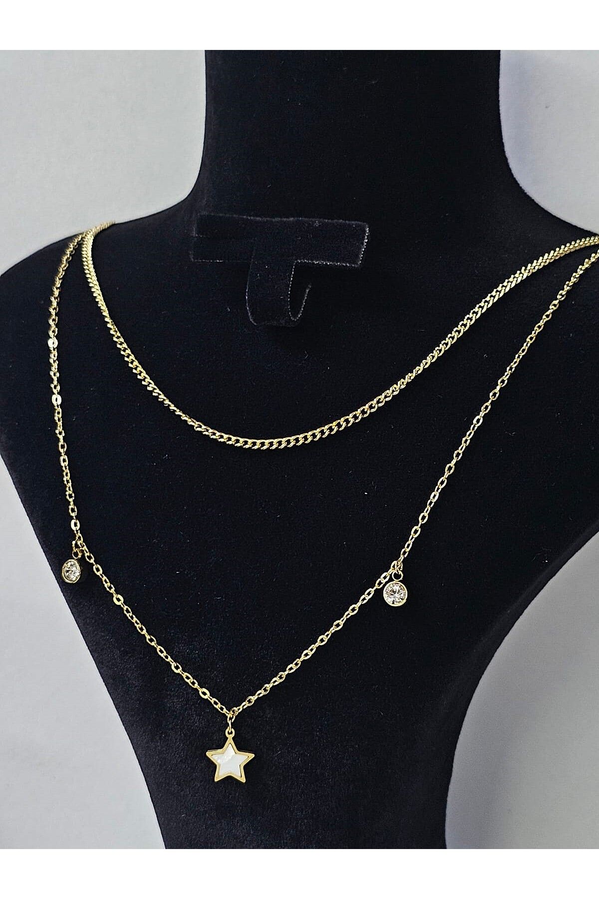 MODA Çift zincirli yıldızlı ve zilkon taşlı çelik kolye