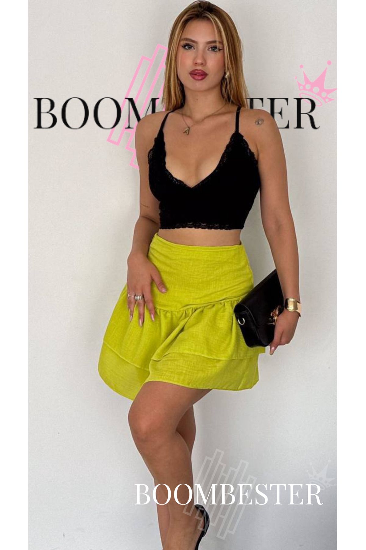 BoomBester Keten Mini Etek Fırfırlı Yandan Gizli Fermuarlı Şık ve Rahat
