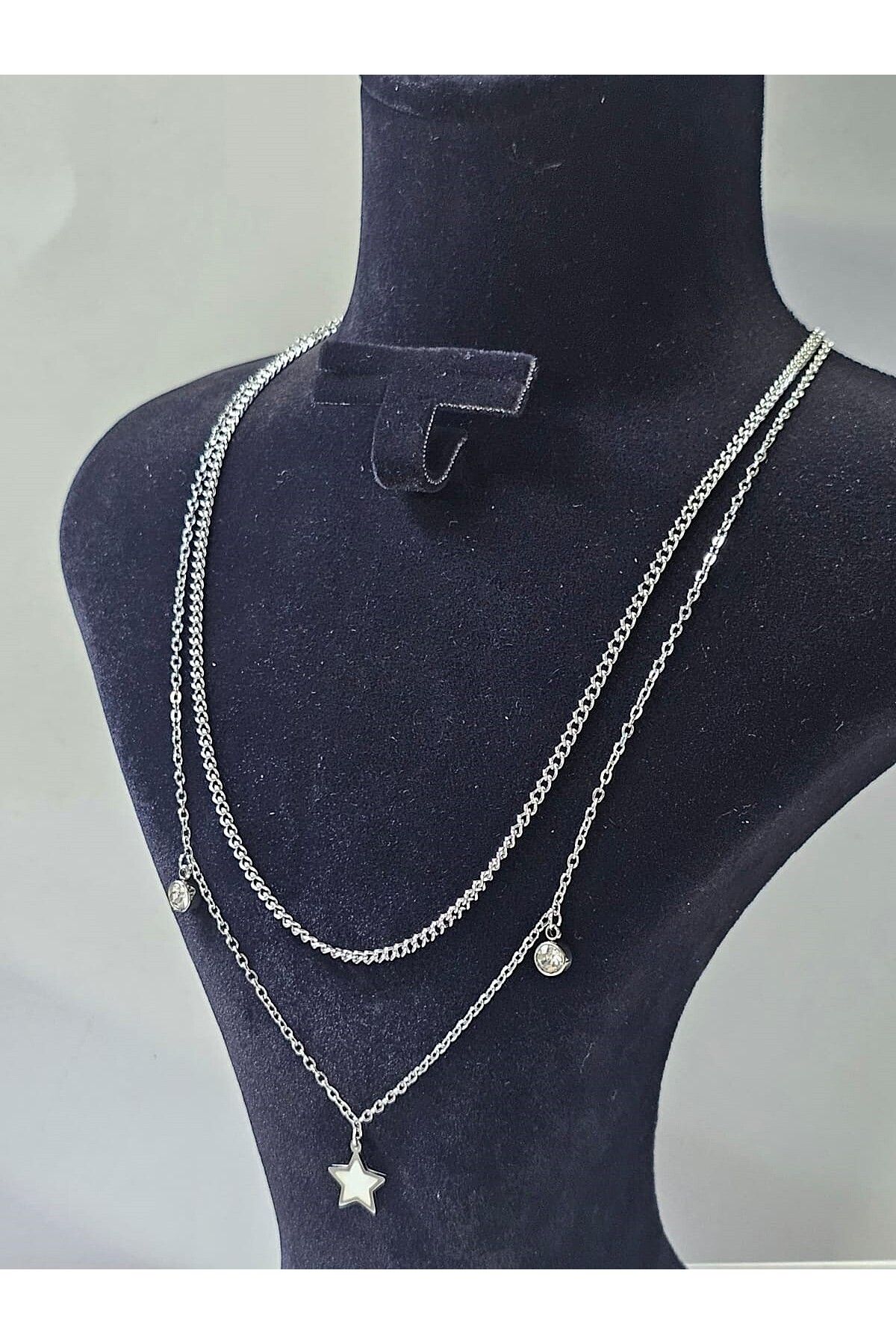 MODA Çift zincirli yıldızlı ve zilkon taşlı çelik kolye