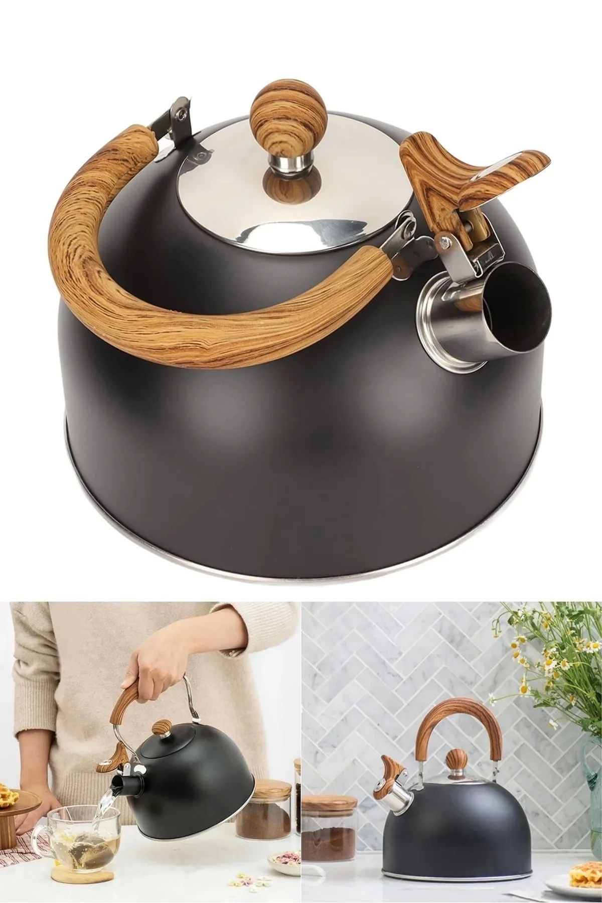 Berdina Home 3 Litre Düdüklü Çaydanlık Ahşap İskandinav Su Isıtıcı Islık Çalan Çaydanlık Kettle Demlik Çay Potu