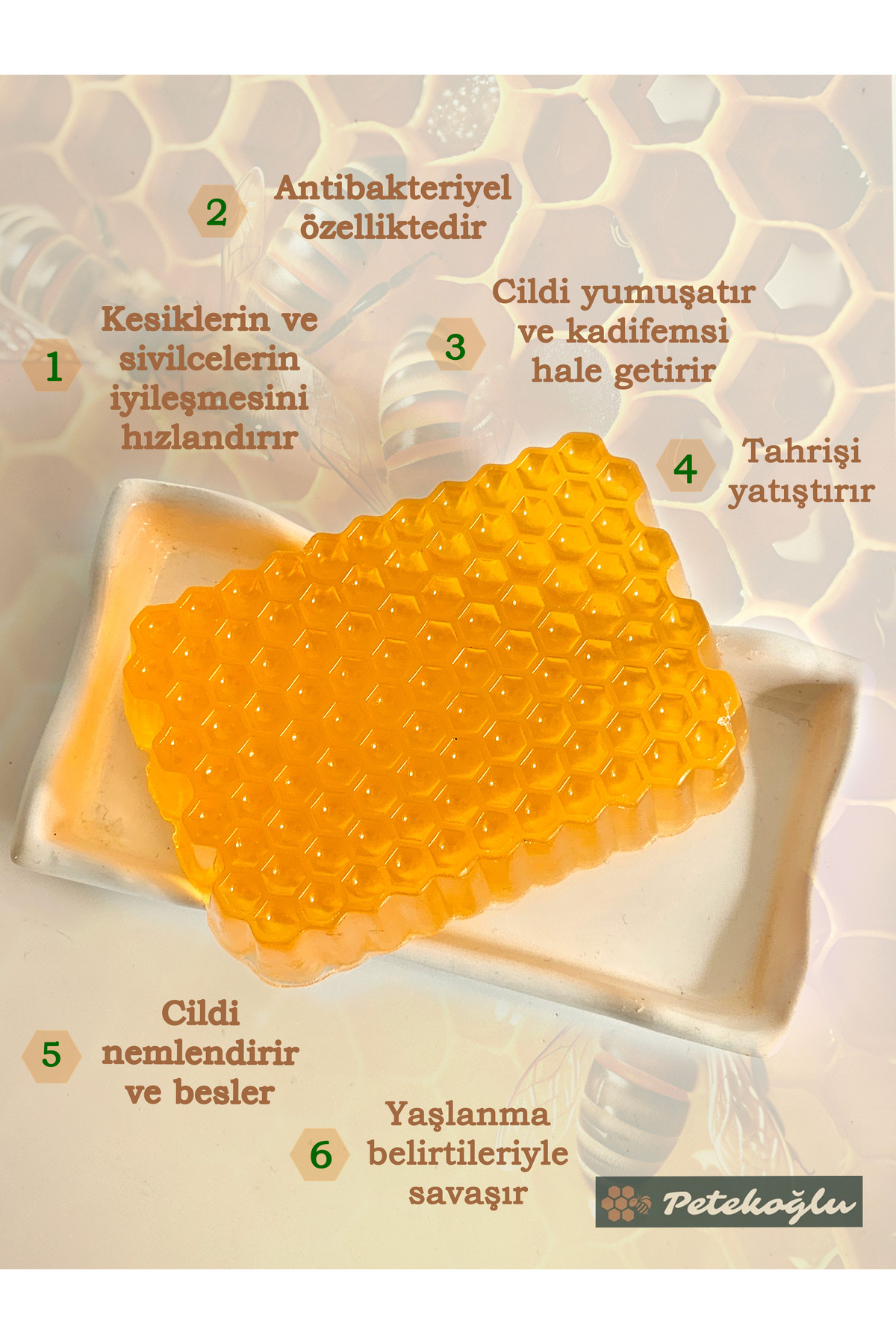 Petekoğlu-1 Handmade Herbal Glycerin Honeycomb Form Honey Additive Honey Soap 2
