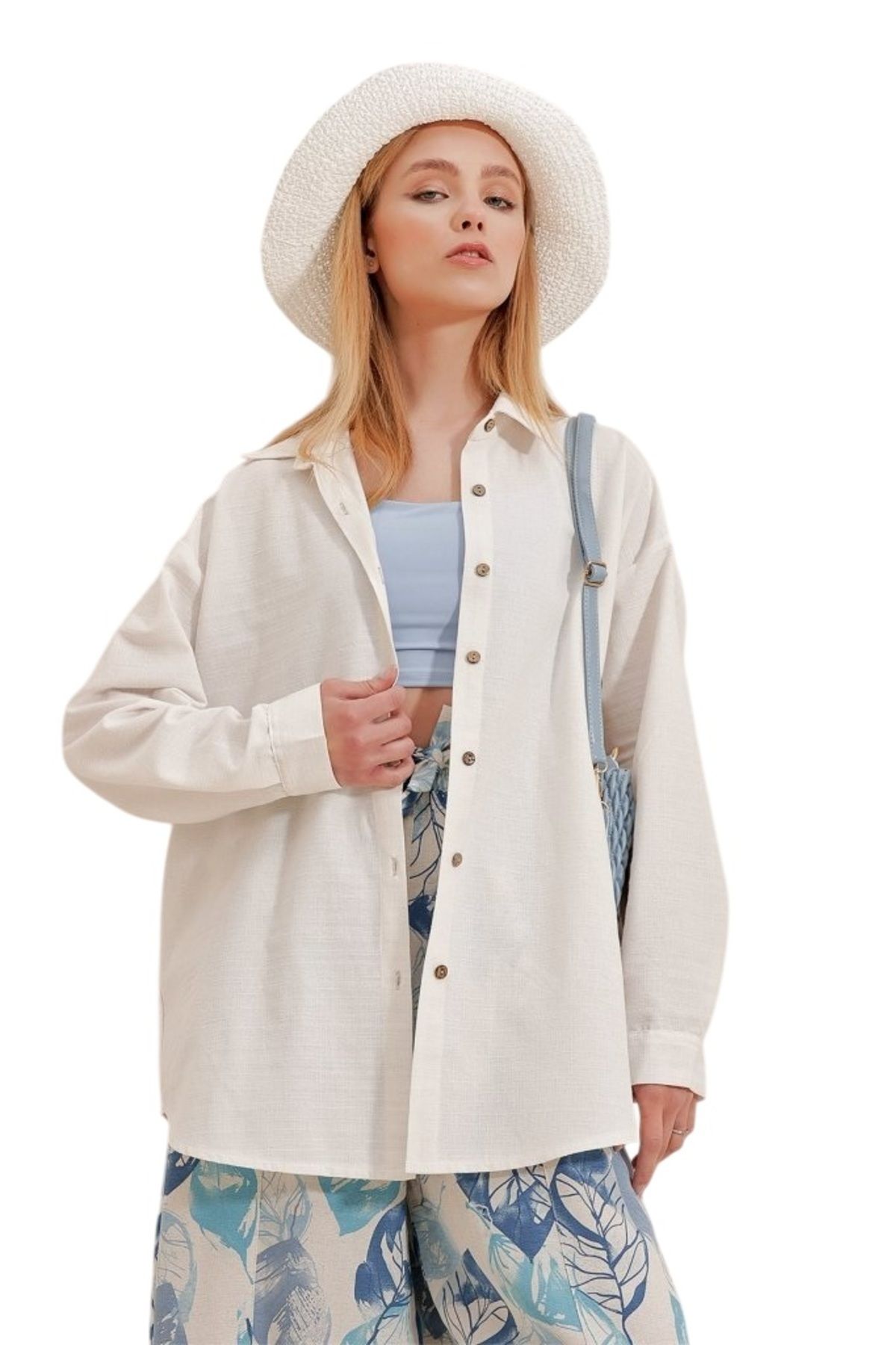 fh fashionhere Kadın Oversize Keten Gömlek