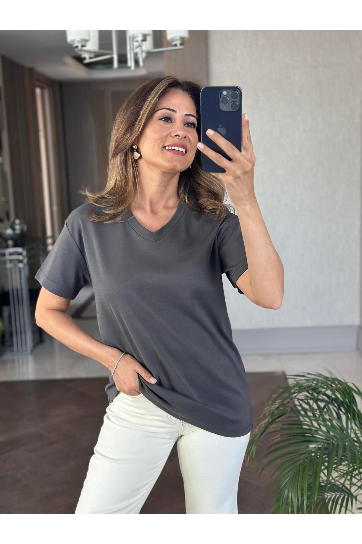 Forlady4 Antrasit V Yaka MD Model Kadın T-Shirt