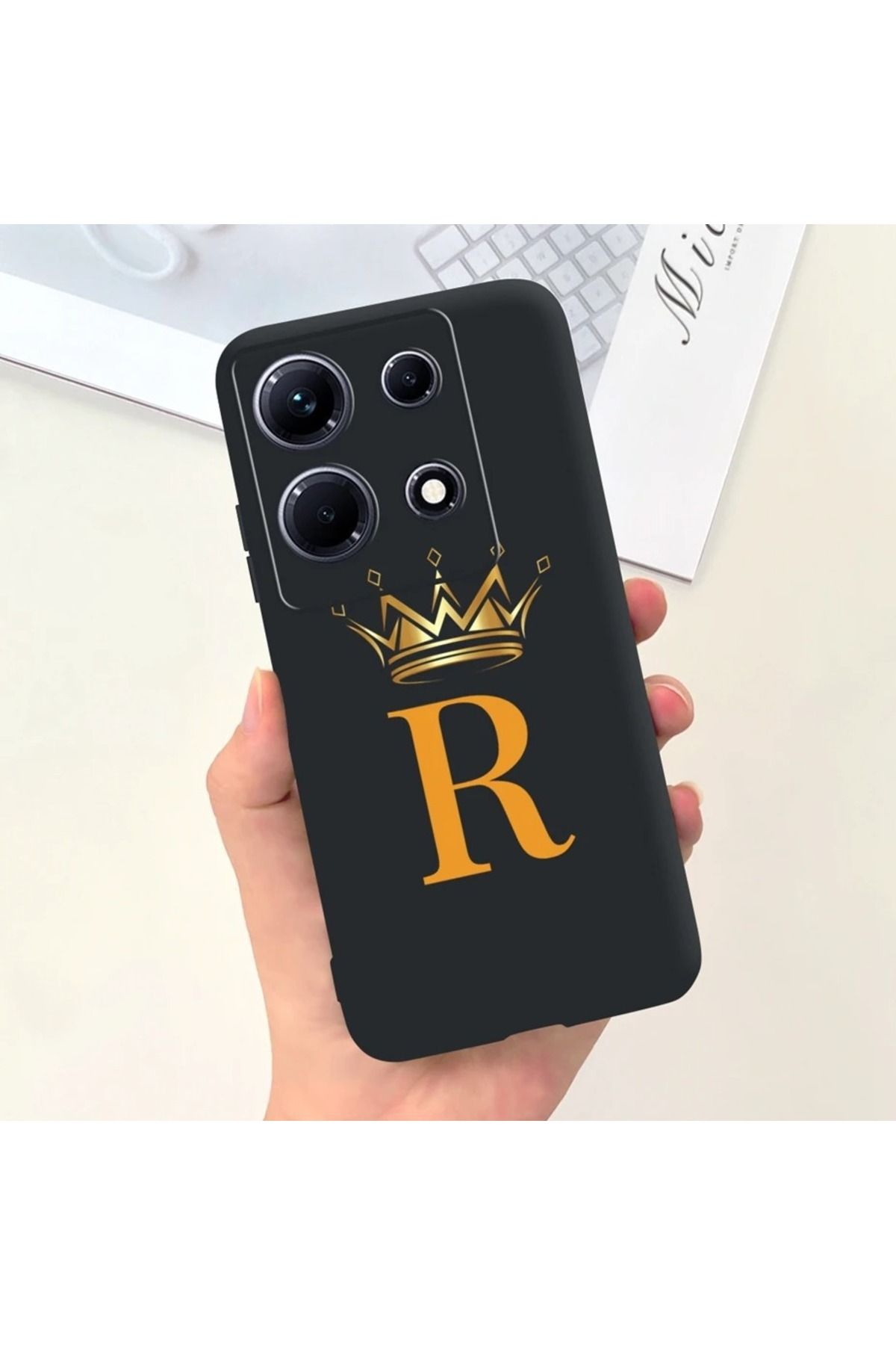 Rotaks İnfinix Note 30 Pro Uyumlu Harfli Taç Baskılı Kişiye Özel Silikon Telefon Kılıfı - R