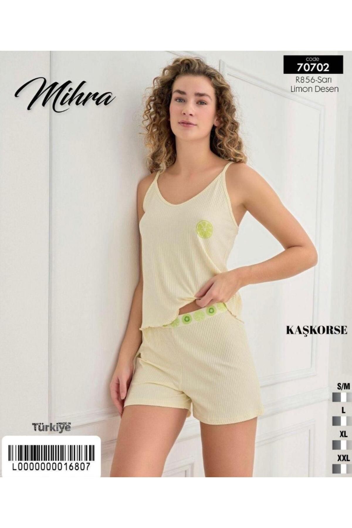 Mihra MİHRA Sarı Kadın İp Askılı Şortlu Kaşkorse Pijama Takım