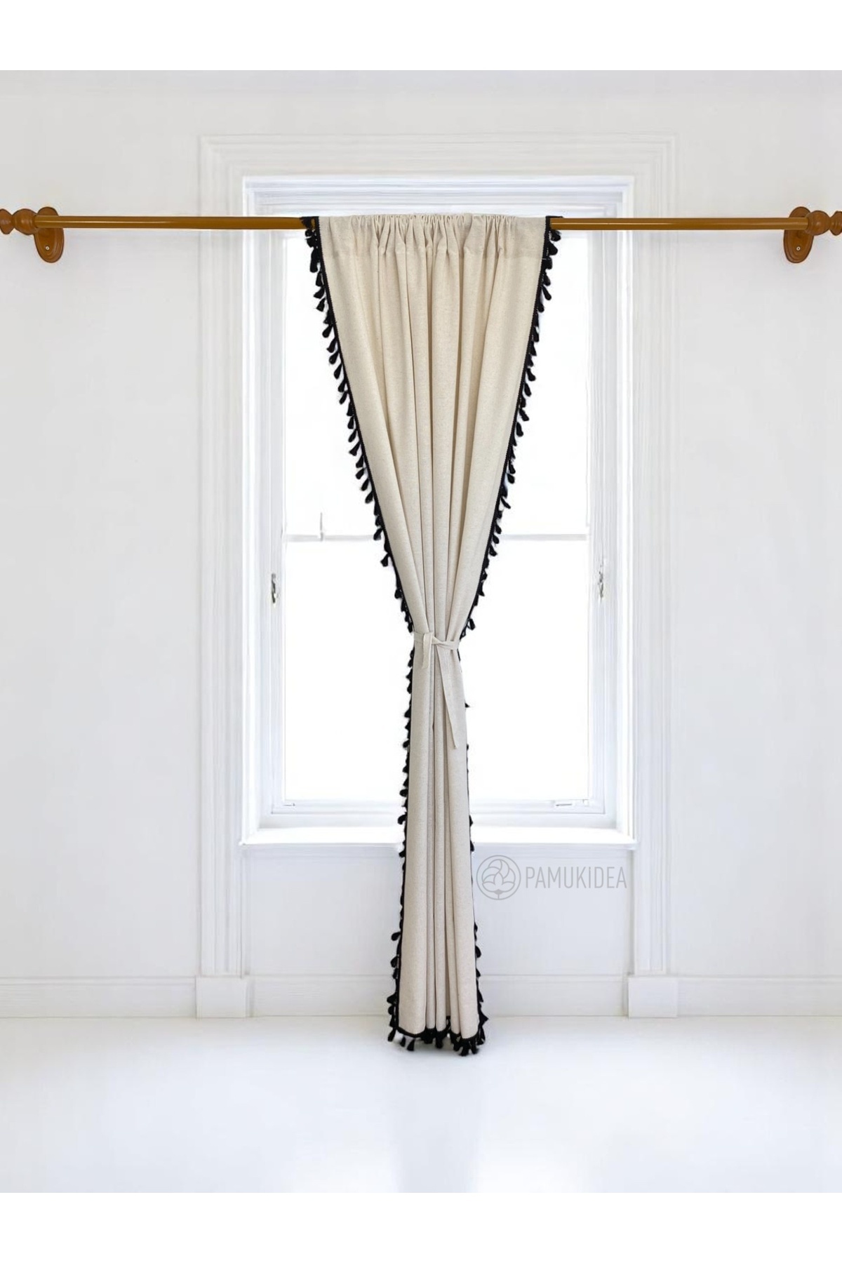 pamukidea-Rustic Pocketed Black Pompom - Tasseled 100% Cotton Buldan Linen Curtain - Single Wing - (Width X Length) 3