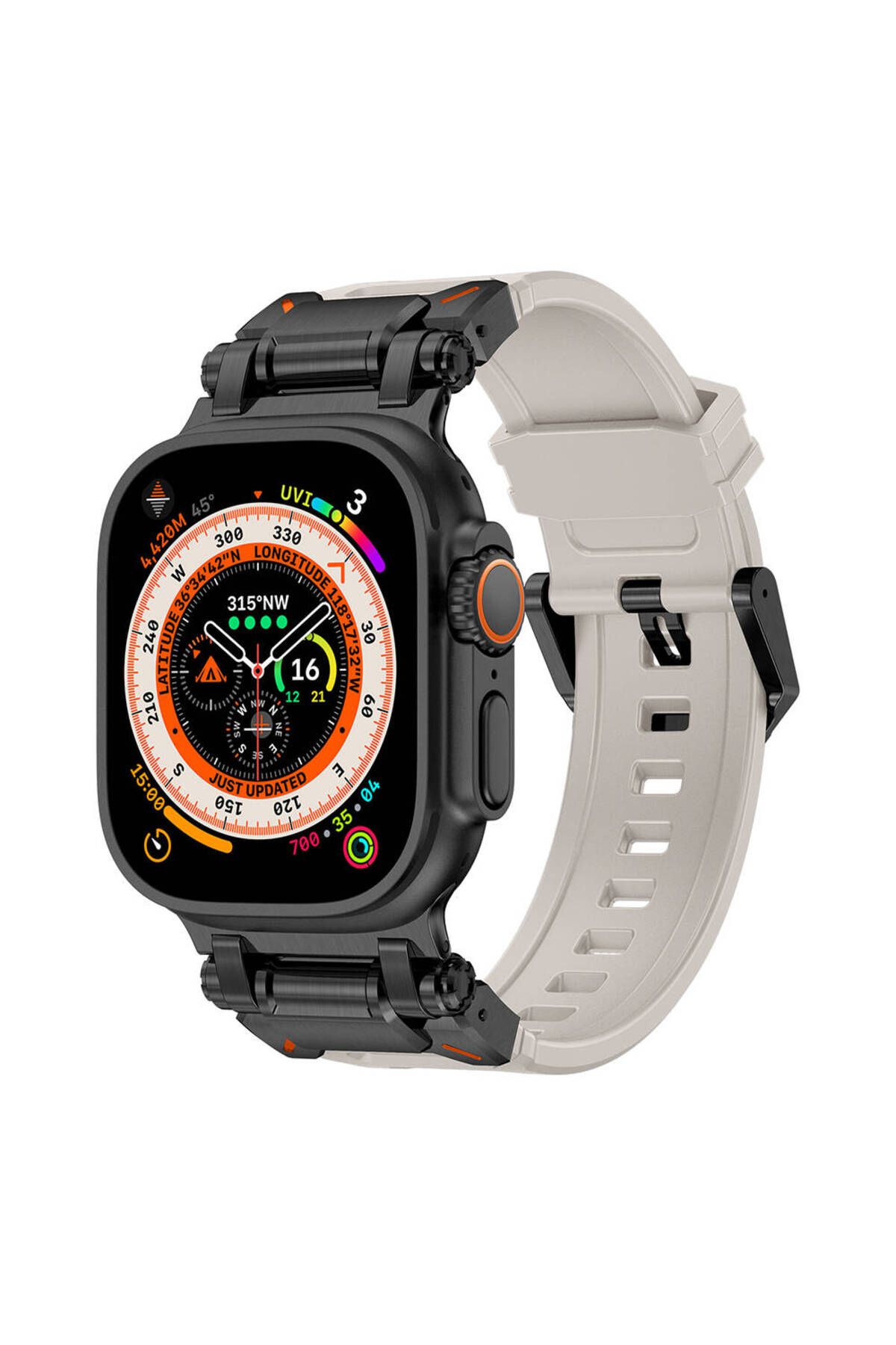 Mergetech Watch Ultra 49mm MRGT- KRD-101 Titanyum Metal Başlıklı Silikon Kordon-Siyah-Starlight