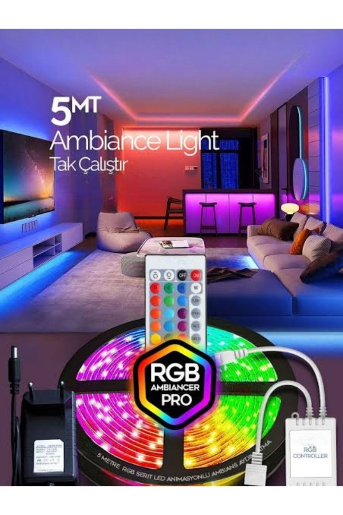 Erdem neon led Şerit LED 5 MT animasyonlu tak çalıştır kumandalı trafolu RGB seritisik aydınlatma partisi TV arkasi