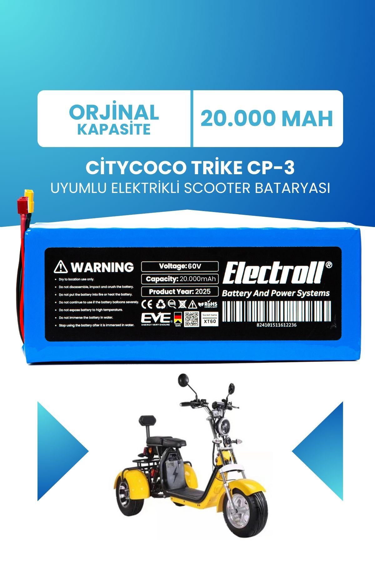 ELECTROLL Citycoco Trike CP-3 Scooter Batarya ( KAPASİTE) LiFePO4 60V 20AH Elektrikli Scooter Bataryası