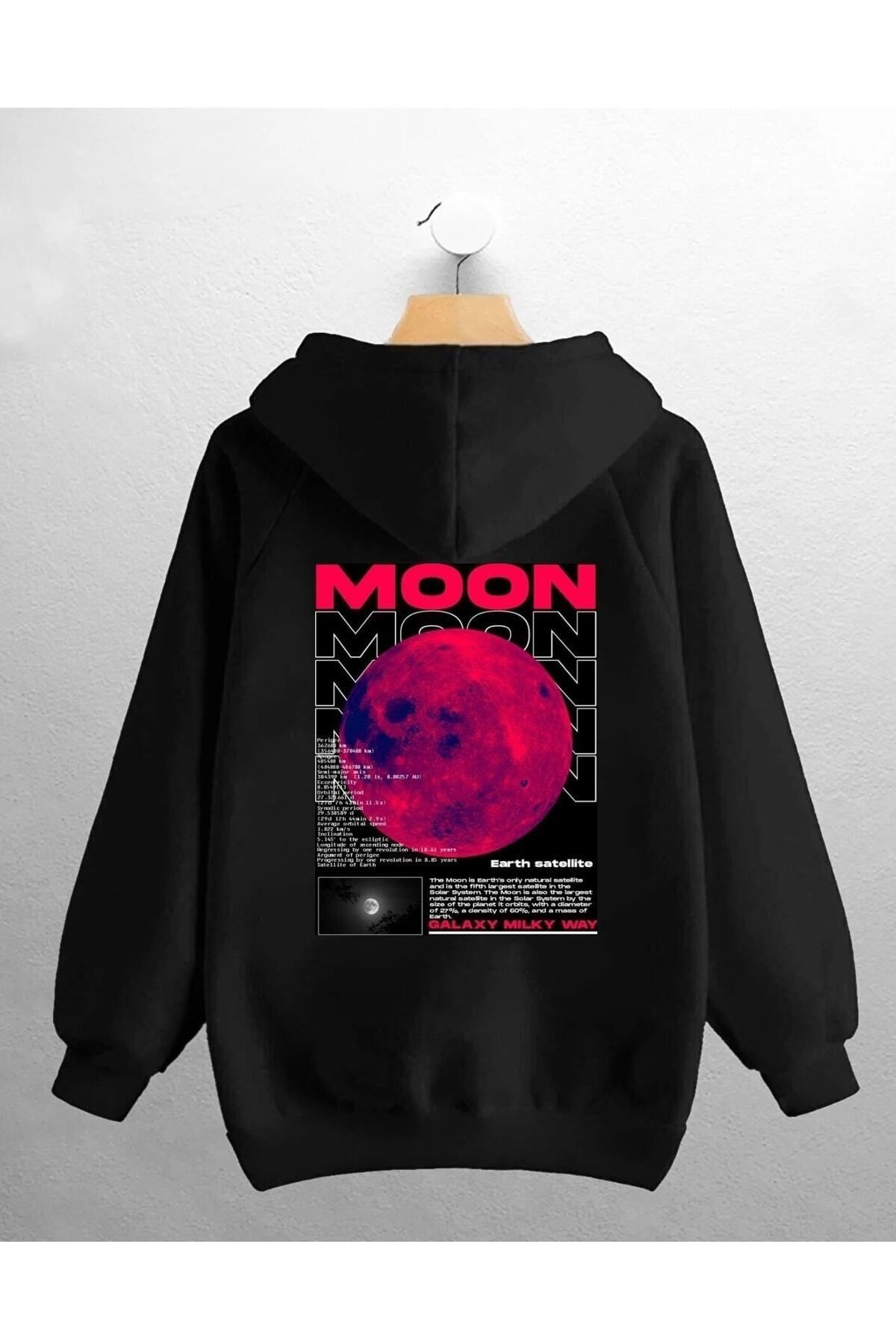 Pisa Art Unisex Oversize Siyah Pink Moon Baskılı Swetshirt
