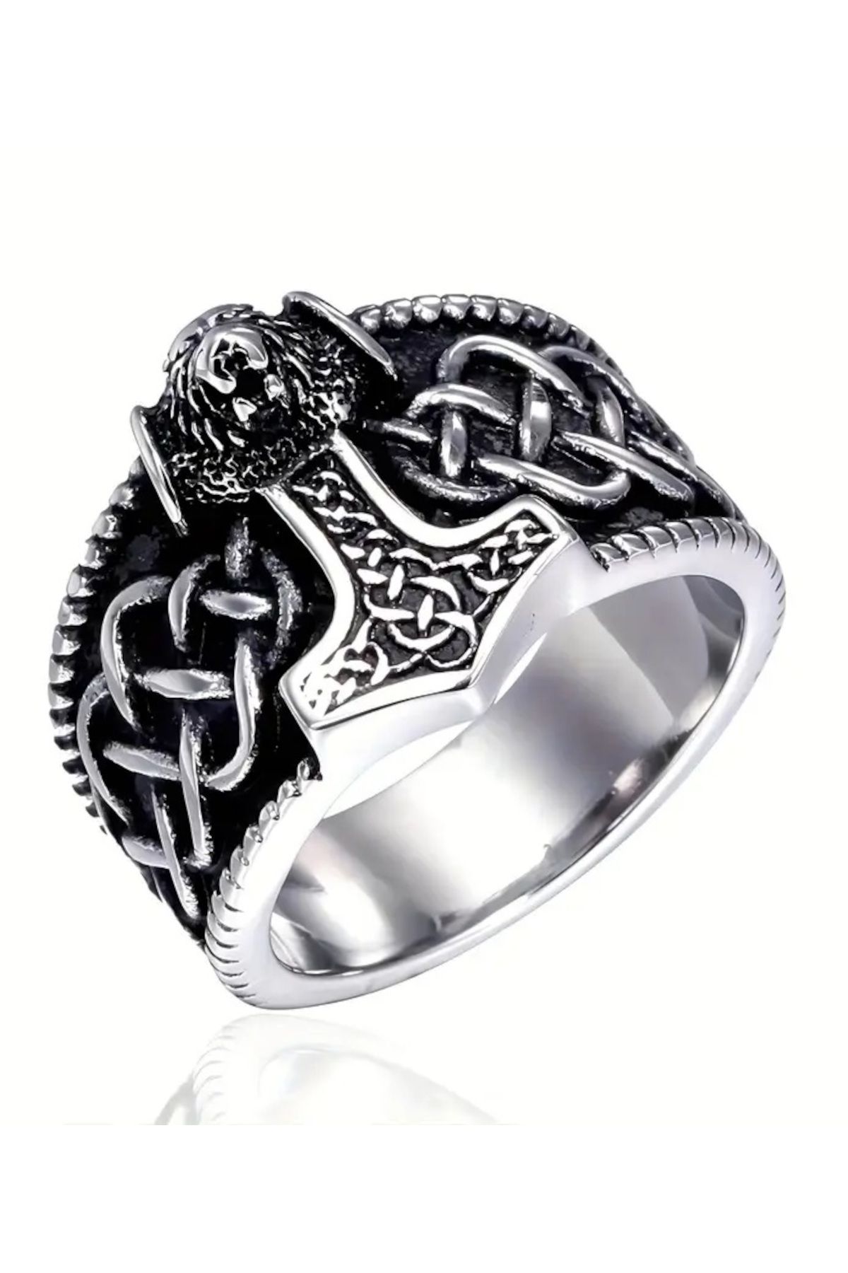 Modaadresiniz Aslanbaşlı viking Thor çekiç baskılı yüzük