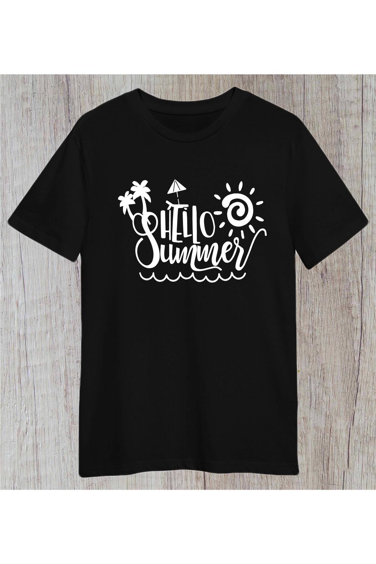 Pisa Art Hello Summer Yaz Tasarım Sahil Deniz / Gezi / Tatil / Uzun Yol Kombin Unisex Tshirt