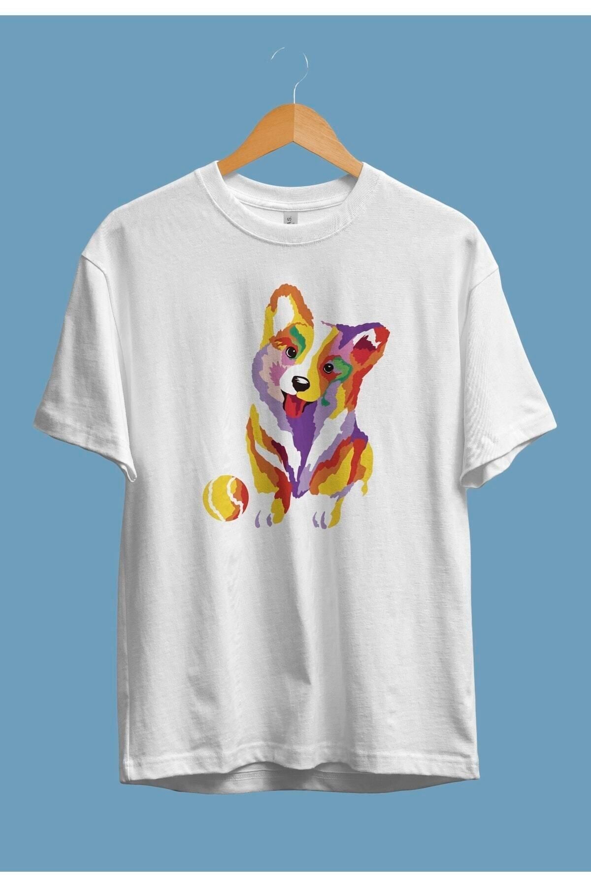 Pisa Art Oversize Renkli Sevimli Köpek Top Oyun Tasarım Baskılı Unisex Tişört