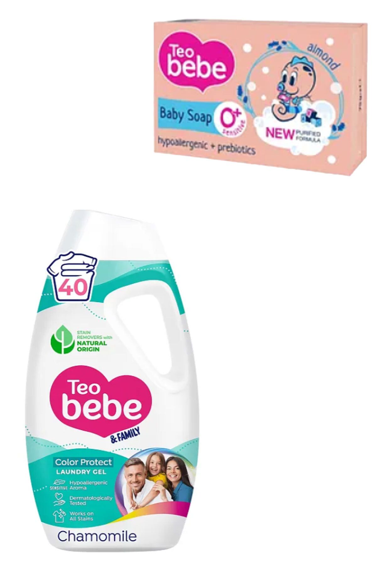 TEO BEBE Detergent Lichid Gentle & Clean Mușețel (familie), 1,8l & Săpun Bebeluși Migdale, (75gr X 3) - One Size
