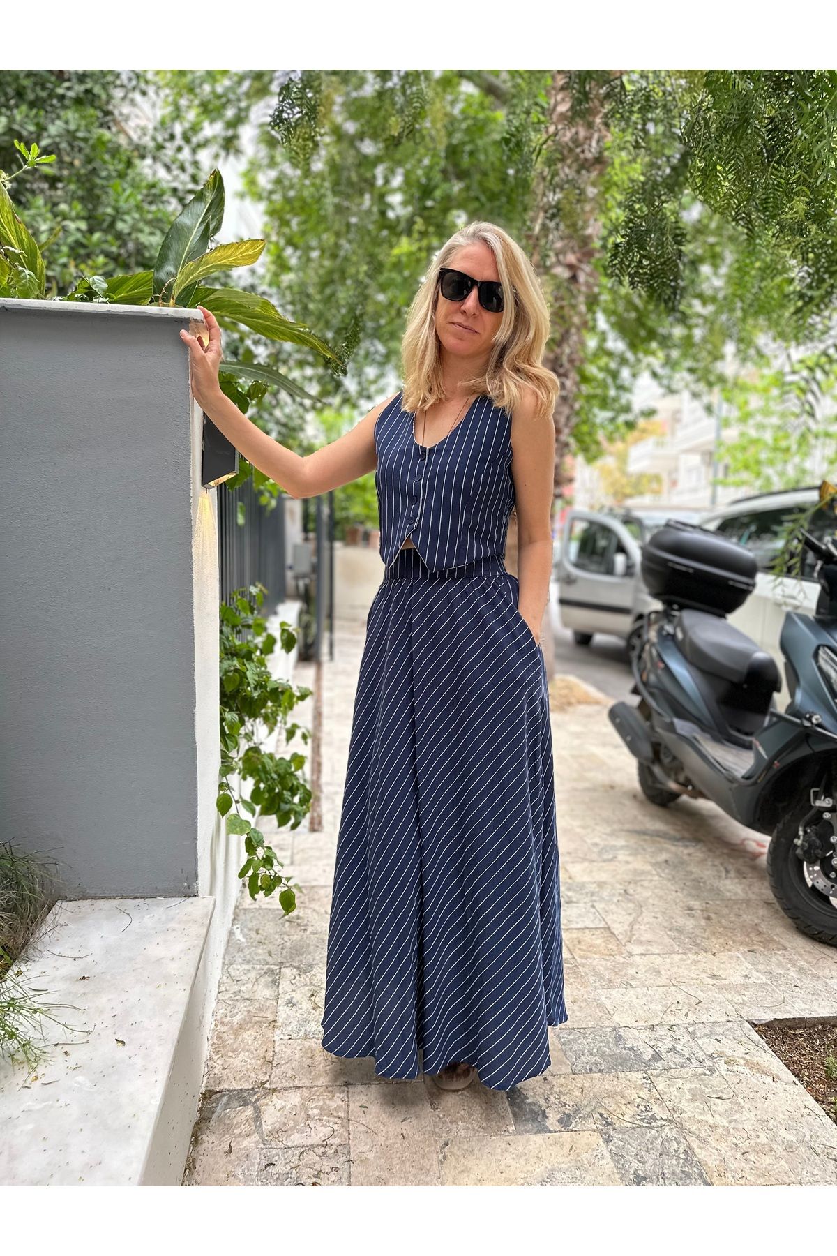 SKYstyles Lacivert çizgili maxi etek