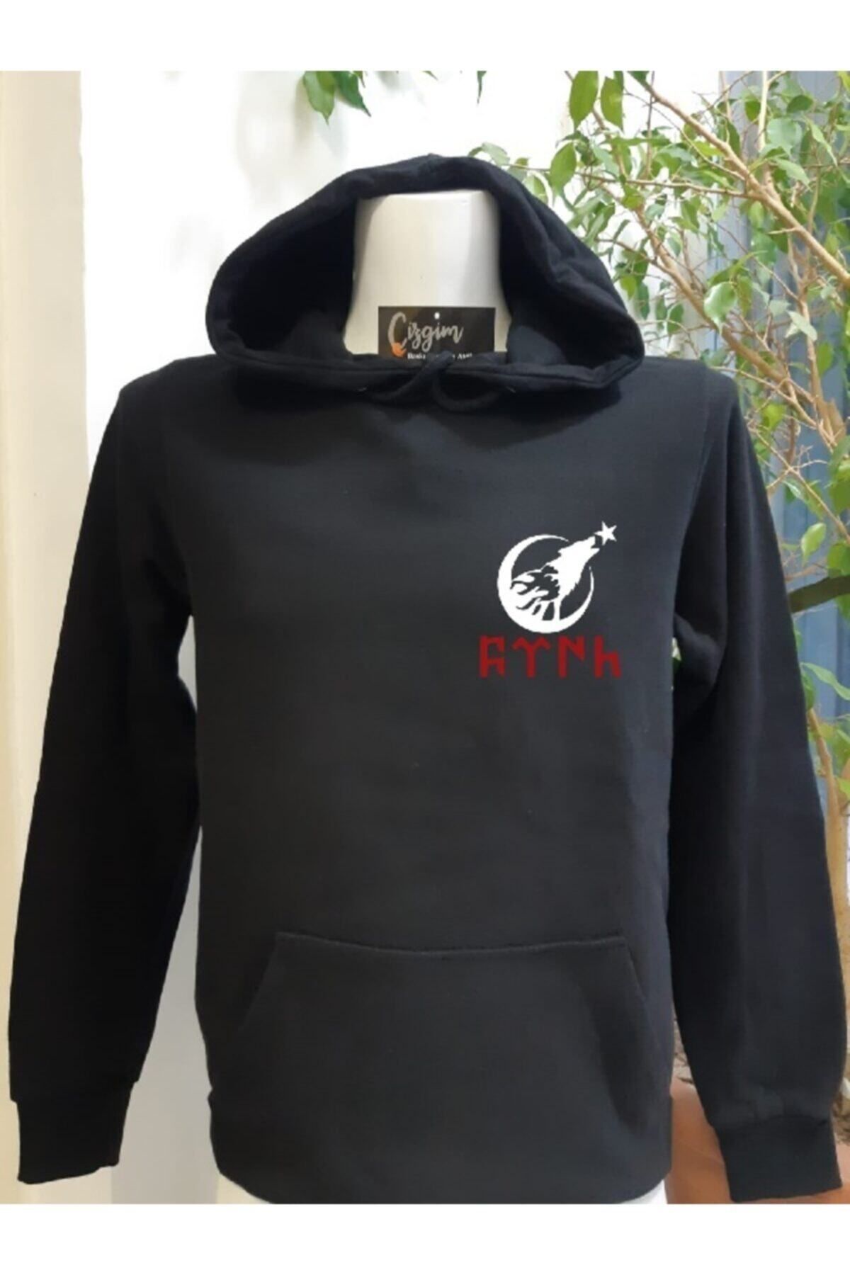 Pisa Art Unisex Siyah Kapüşonlu Göktürk (bozkurt) Baskılı Sweatshirt