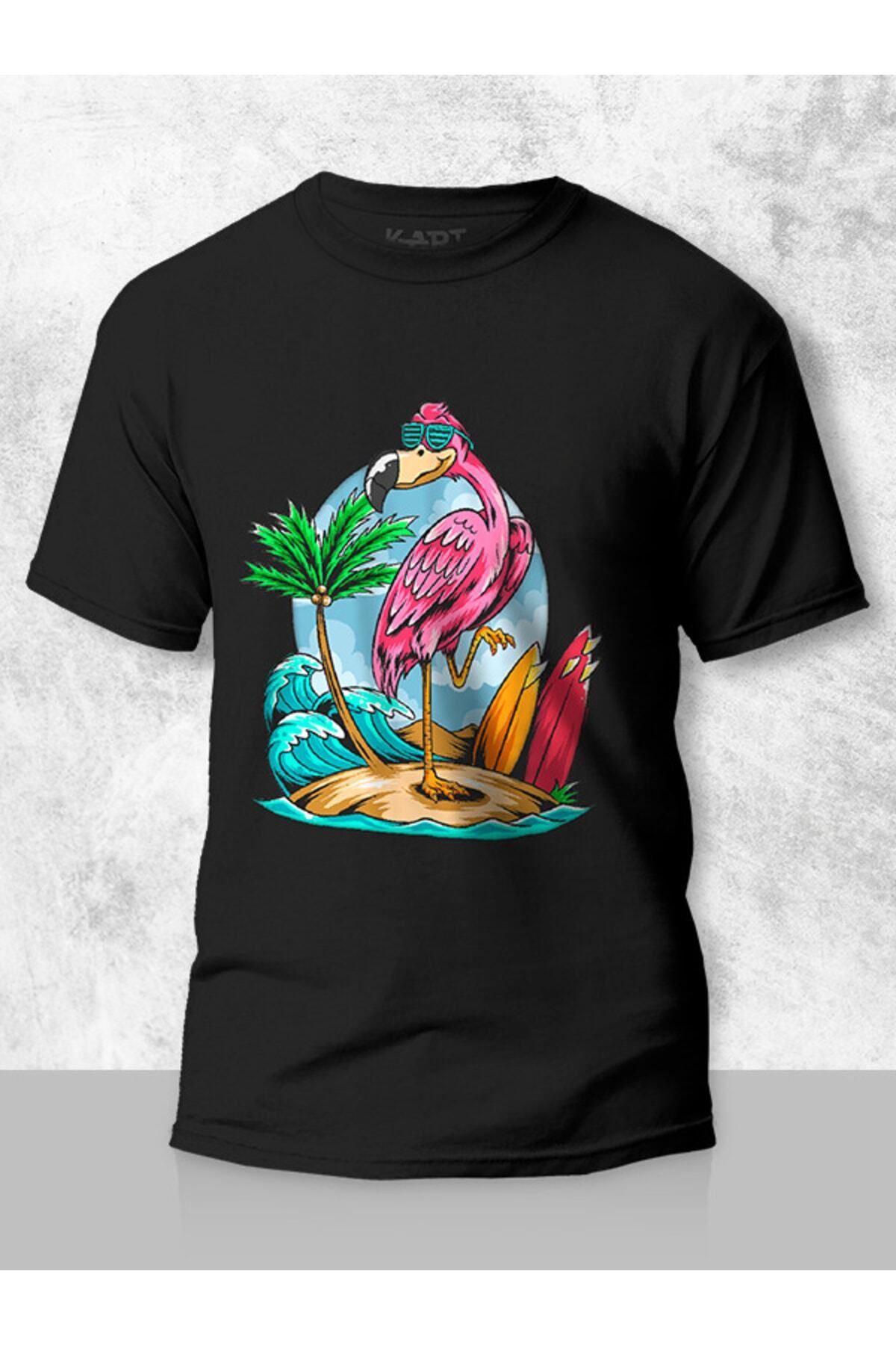 Pisa Art K-art Giyim Unisex Siyah Renkli Gözlüklü Flamingo Yaz Baskı Tasarımlı Kişiye Özel Tişört