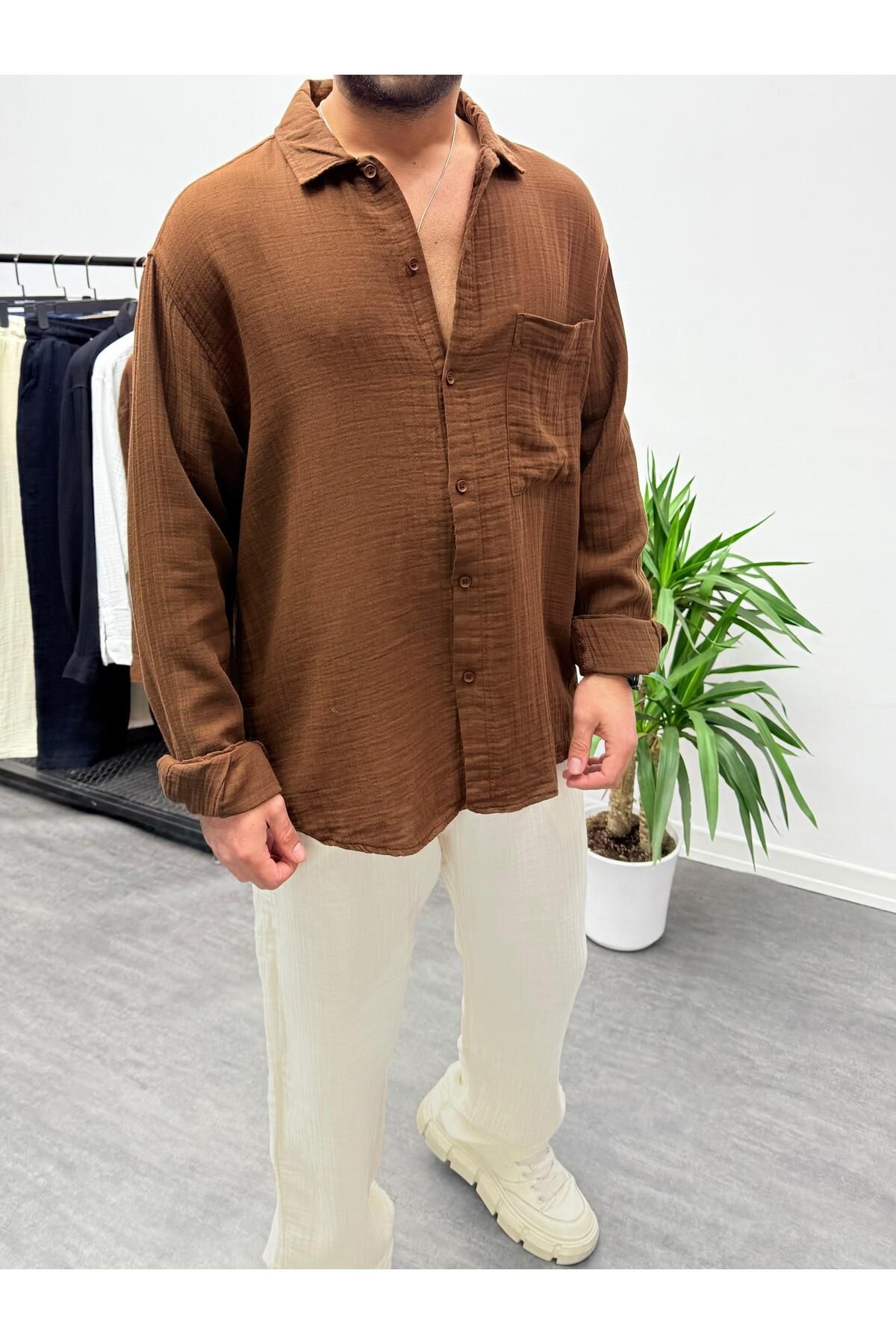 MENOFOURSWEAR Acı Kahve Müslin Kumaş Oversize Gömlek