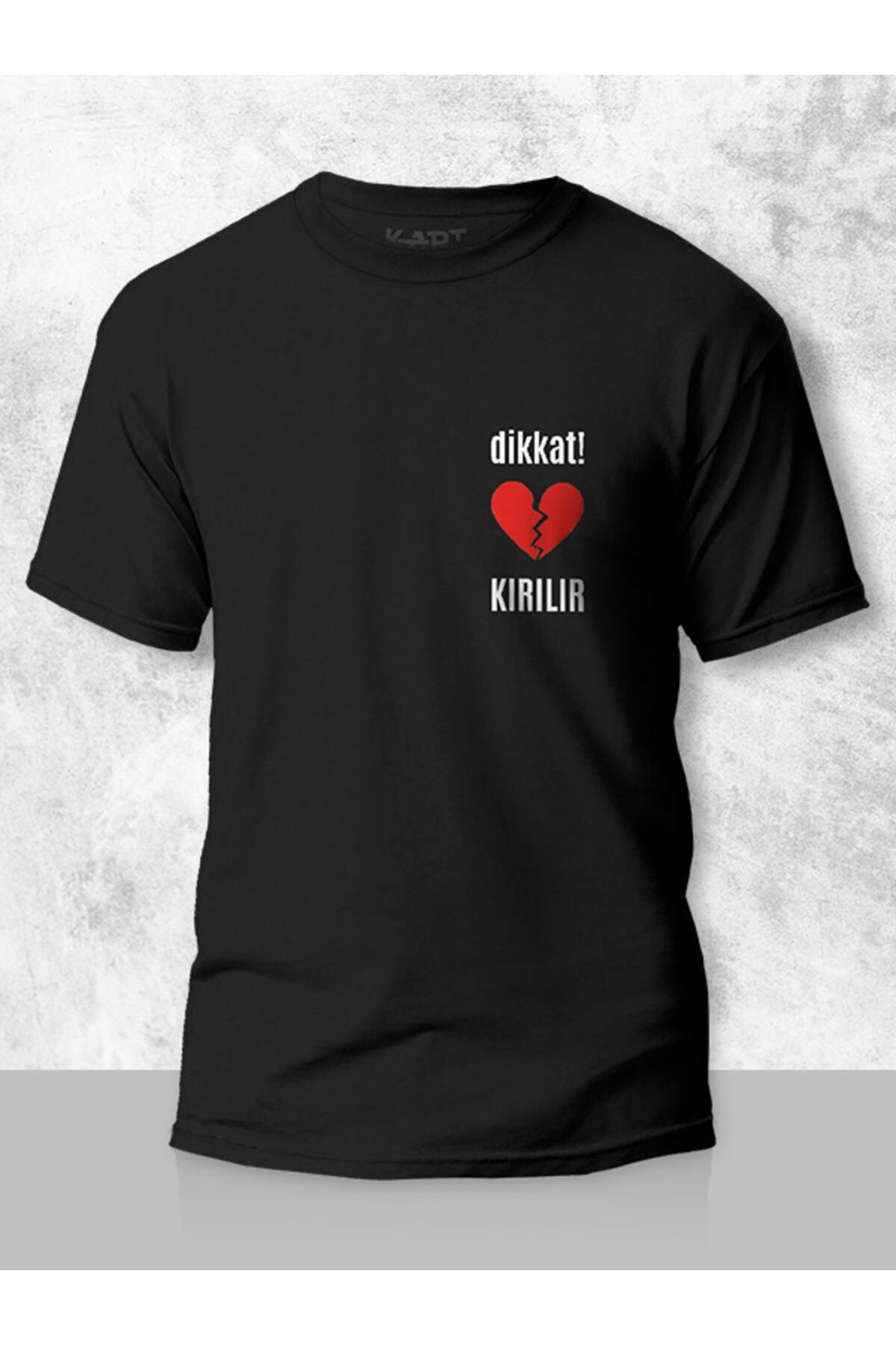 Pisa Art Baskılı Tişört, Dikkat Kalp Kırılır Unisex Kişiye Özel Tişört Siyah