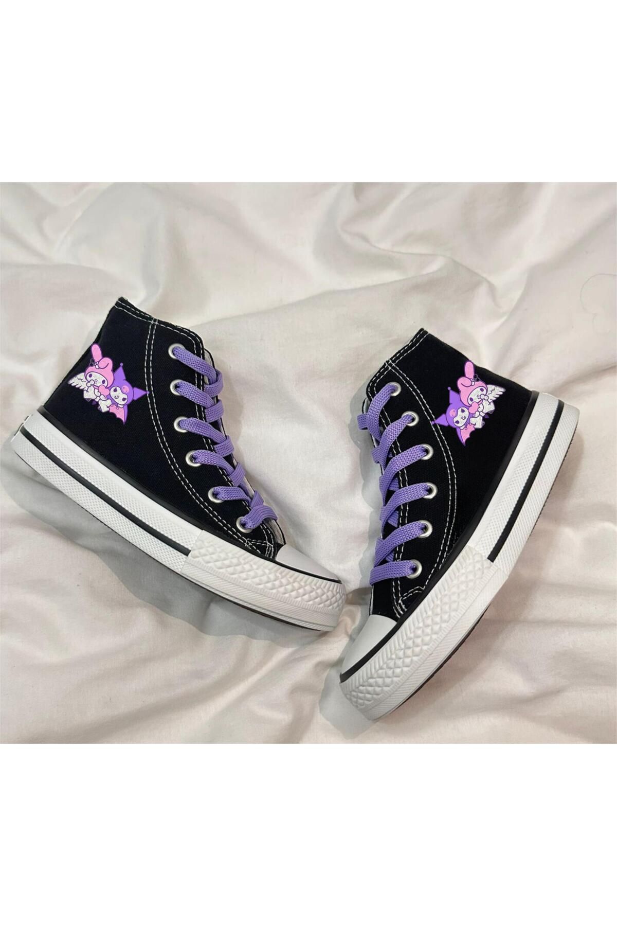 LEVENT ÖZCAN Kuromi Ve My Melody Baskılı, Lila Bağcıklı, Siyah Bilekli Spor Ayakkabı Çocuk Sneaker