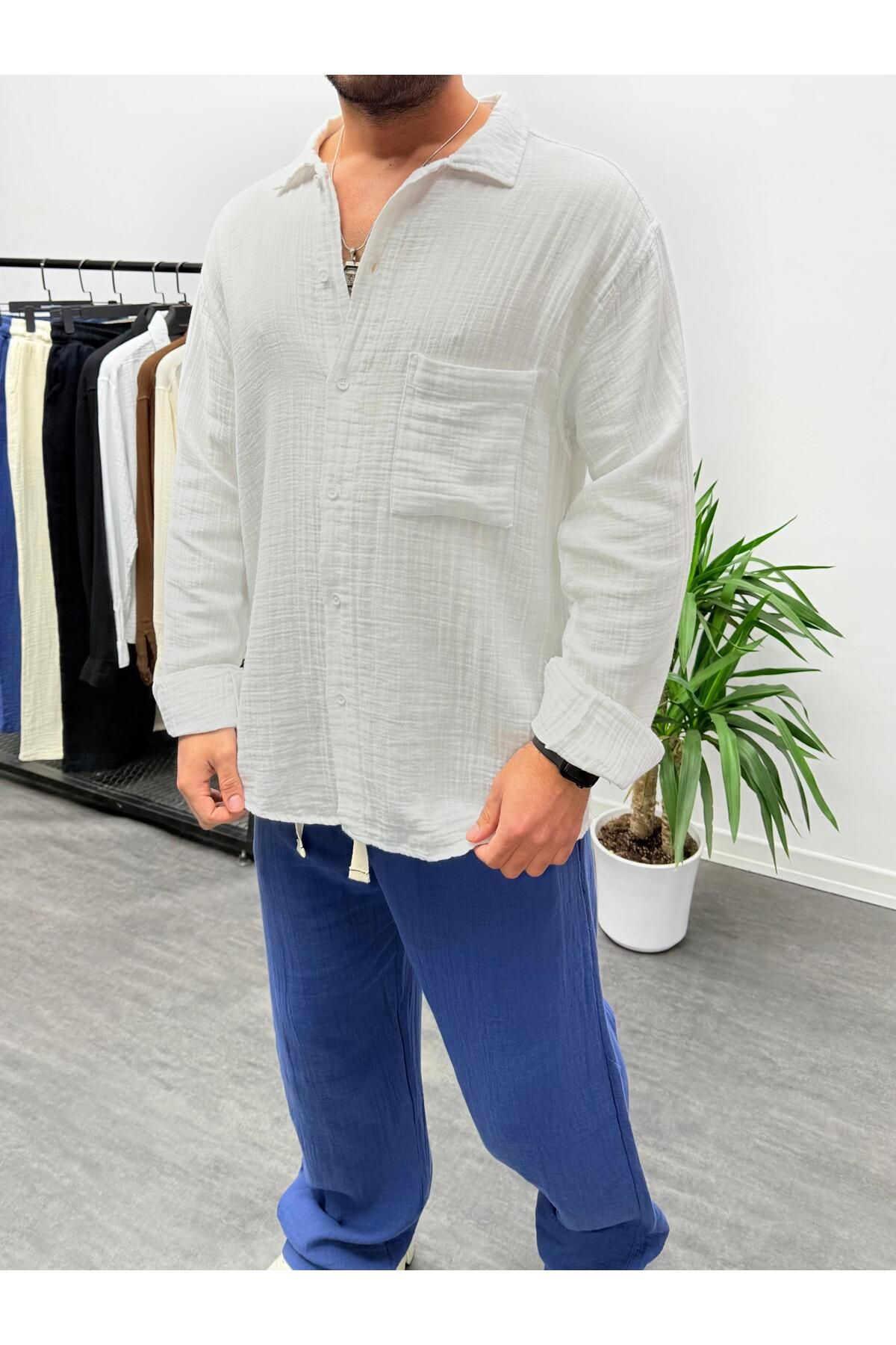MENOFOURSWEAR Beyaz Müslin Kumaş Oversize Gömlek