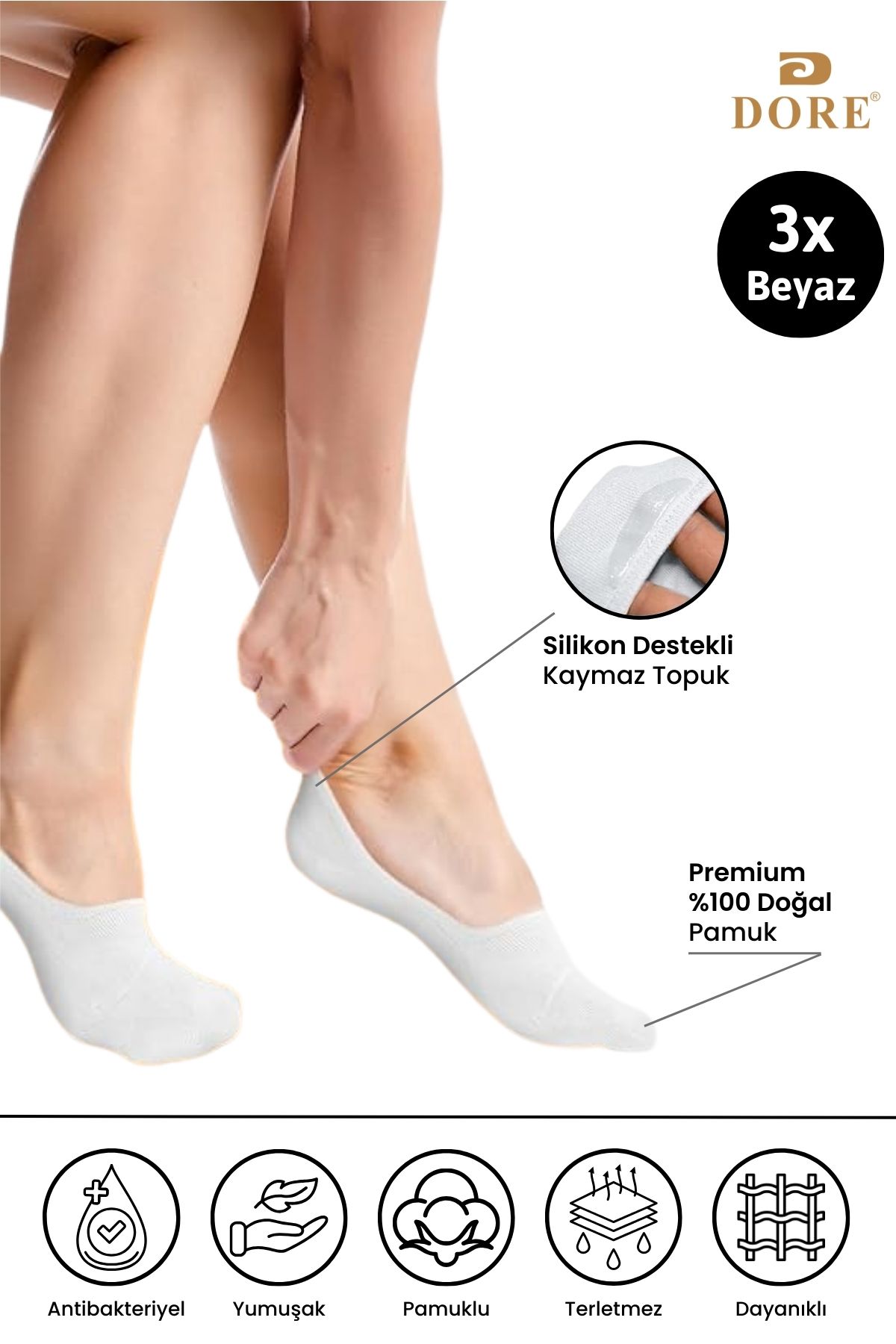 Dore Orijinal 3 Çift Kaydırmaz Topuklu Konfor Modeli Kaymaz Silikon Topuk Yazlık Görünmez Babet Çorabı