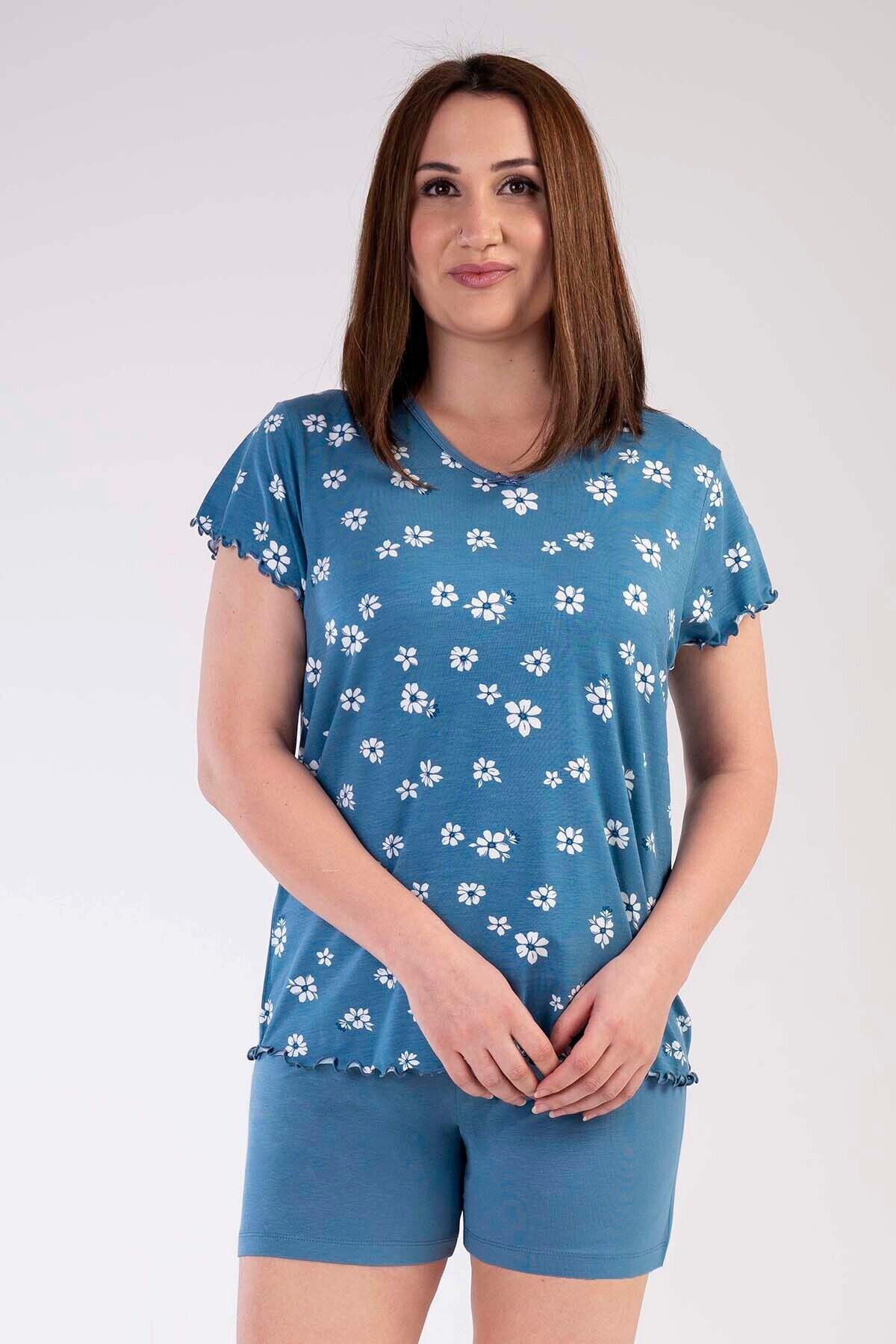 VİENETTA Kadın Vıscon Büyük Beden V Yaka Kısa Kol Şortlu Pijama Takım , 212389