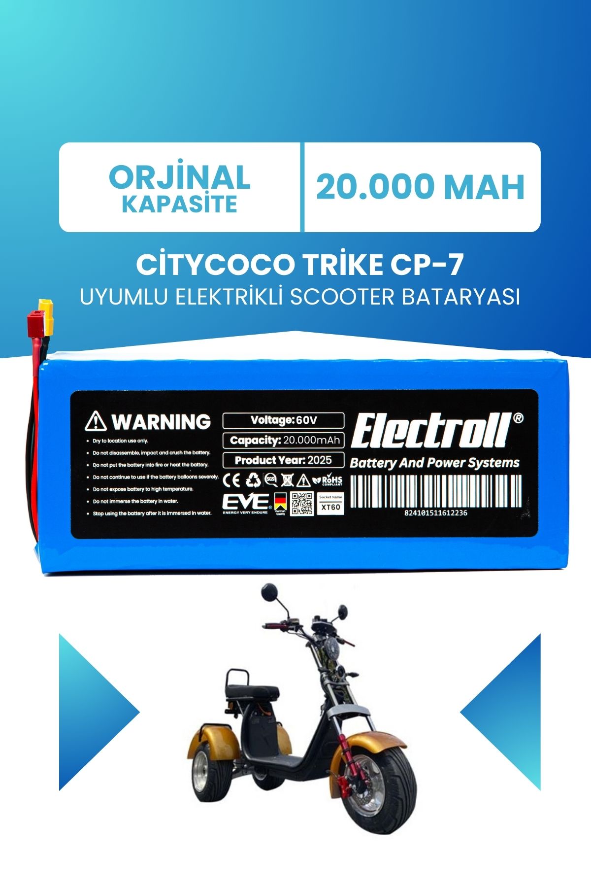 ELECTROLL Citycoco Trike CP-7 Scooter Batarya ( KAPASİTE) LiFePO4 60V 20AH Elektrikli Scooter Bataryası