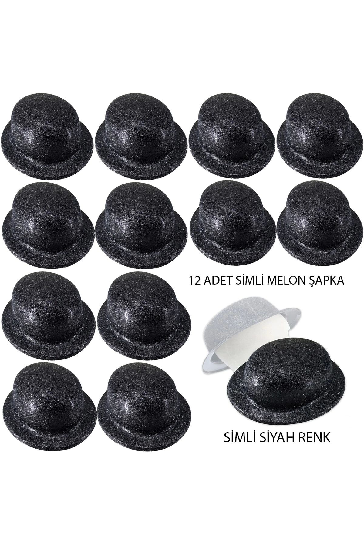 STOREMAX Siyah Renk Simli Melon Yuvarlak Parti Şapkası 12 Adet (5047)