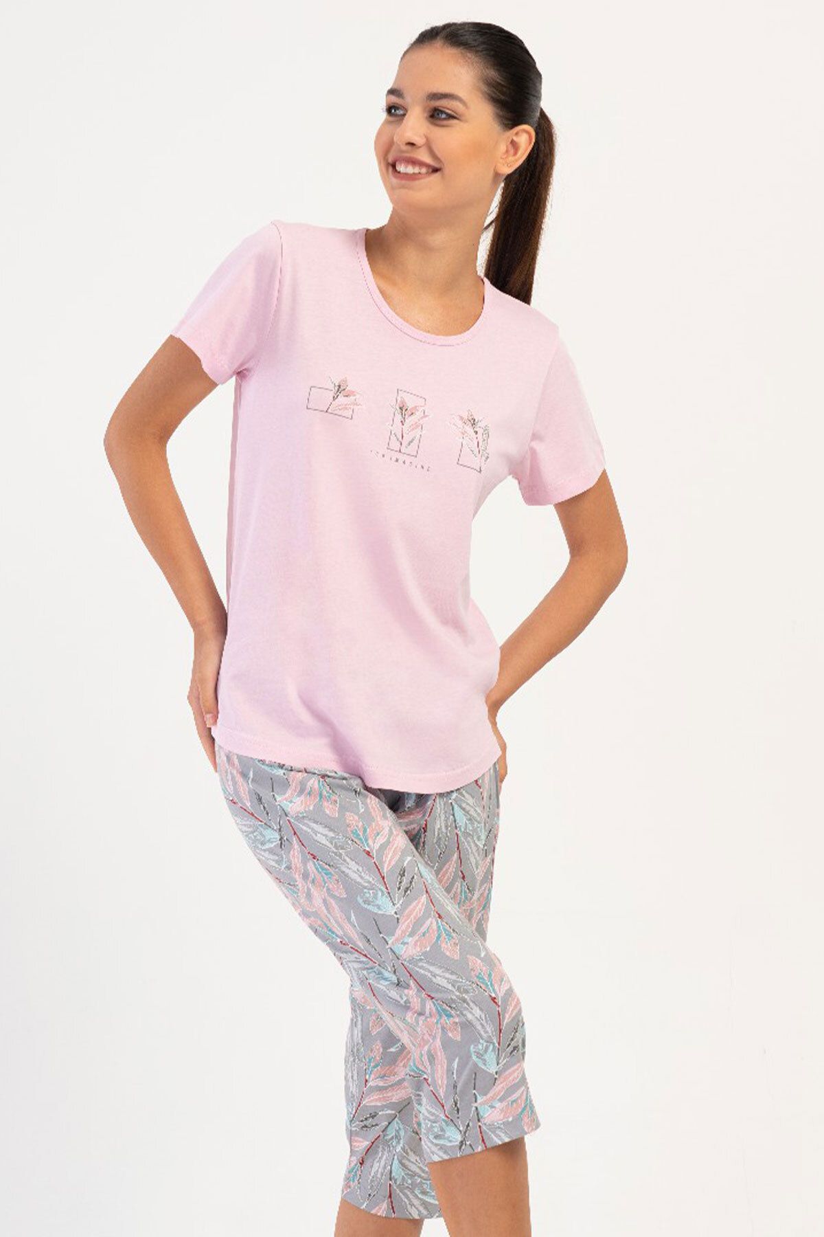 VİENETTA Pamuklu Kadın Kısa Kol Kaprili Pijama Takım , 405029