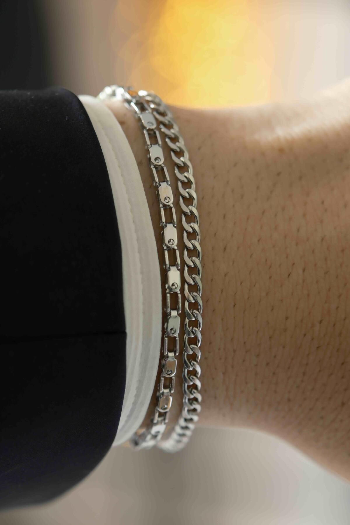 WATCHOFROYAL Square Link Silver Çelik Bileklik 2'li Set