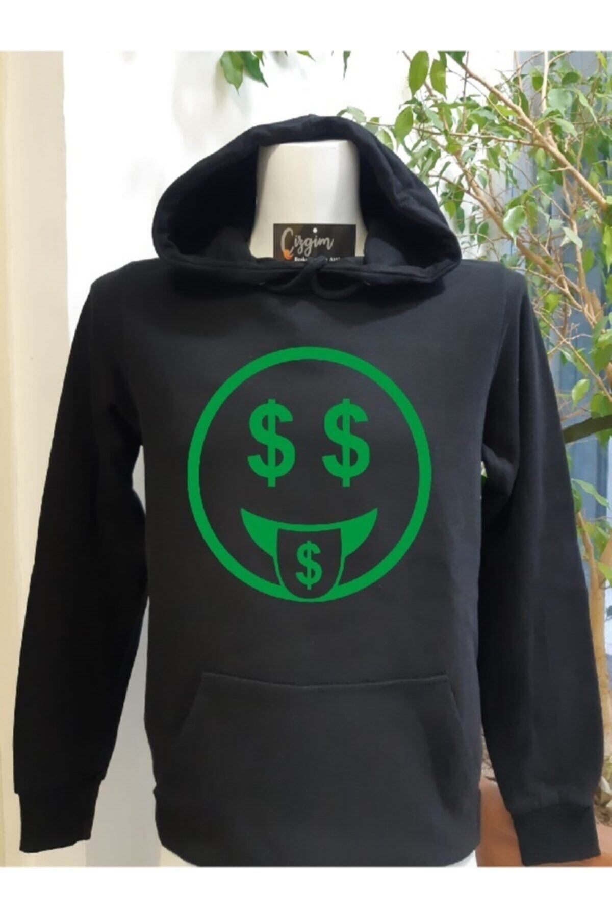 Pisa Art Unisex Siyah Kapüşonlu Dolar Kafası Baskılı Sweatshirt