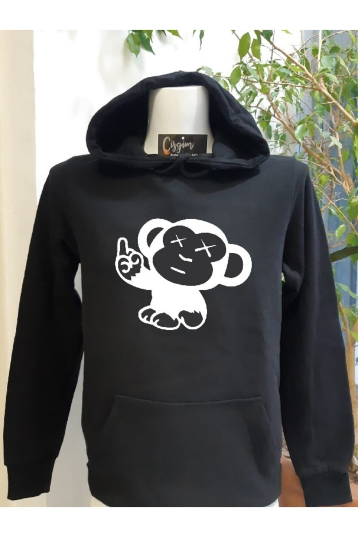 Pisa Art Unisex Siyah Kapüşonlu Crazy Monkey Baskılı Sweatshirt