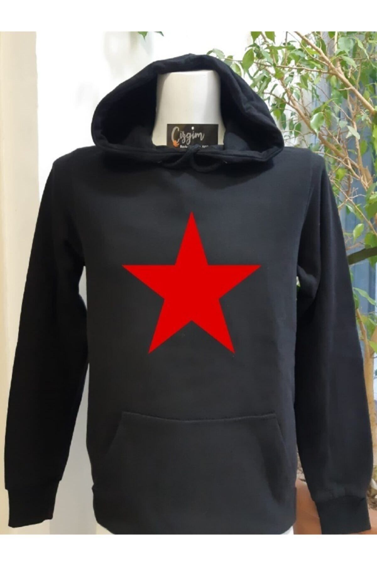 Pisa Art Unisex Siyah Kapüşonlu Redstar Baskılı Sweatshirt