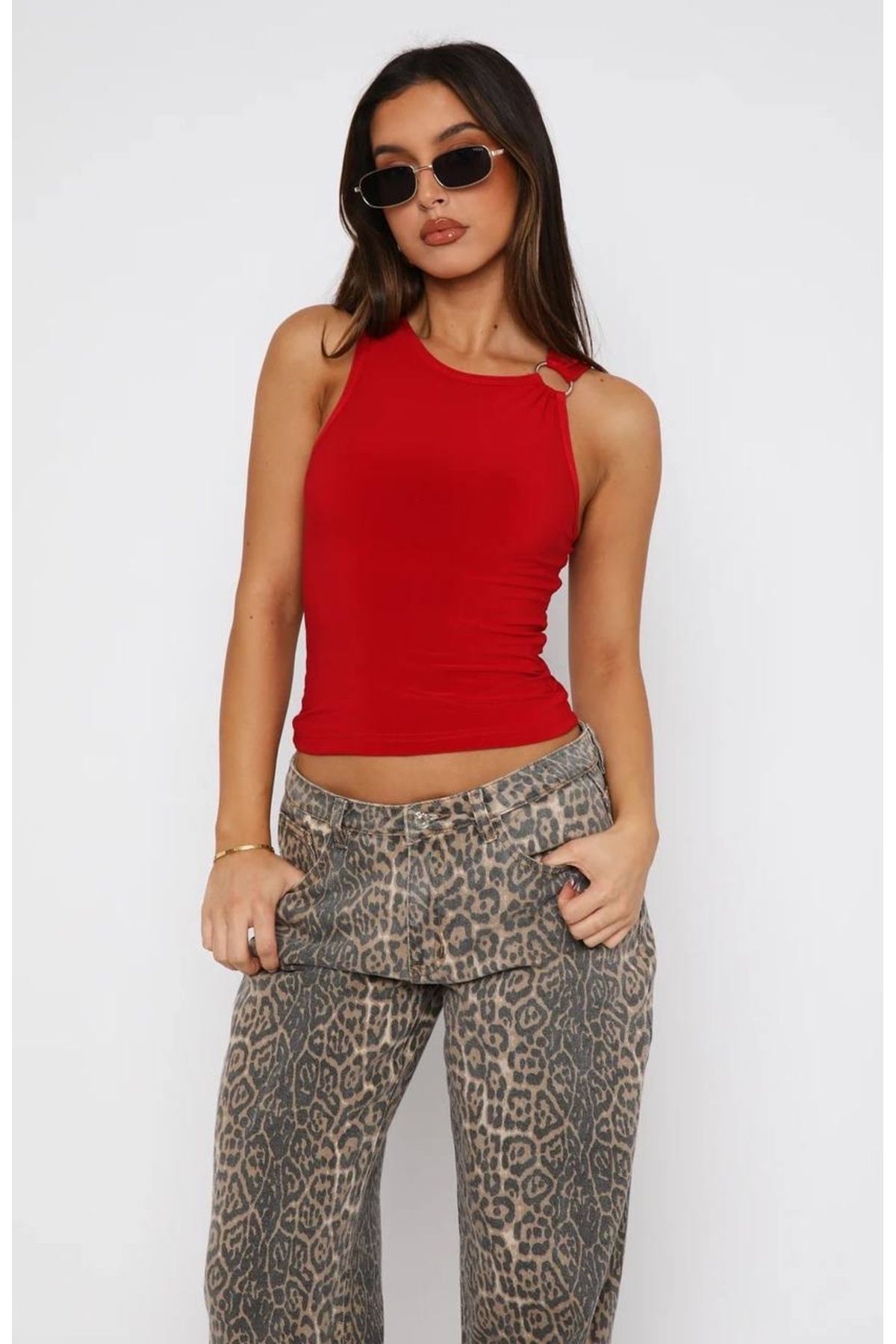 Sudelim butik Askılı halka detaylı crop bluz