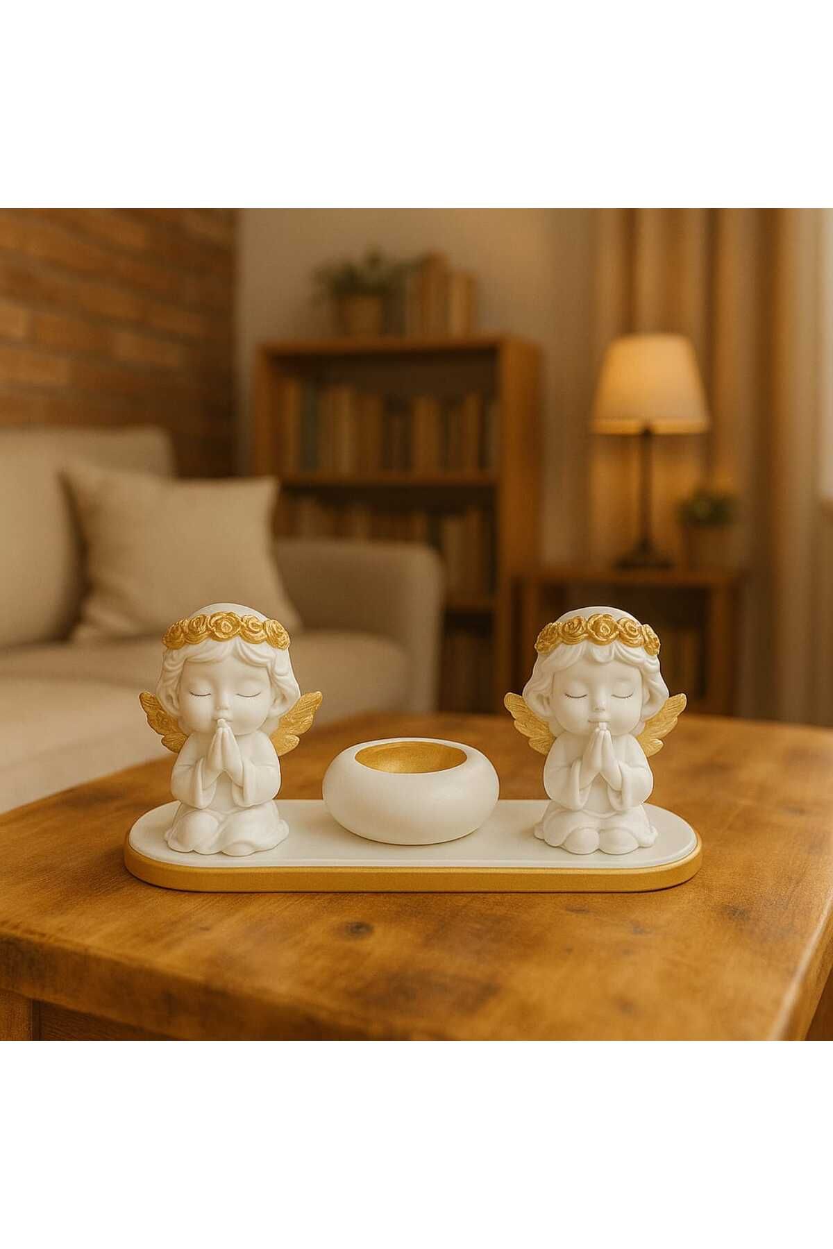 LİNETZA ÖZEL TASARIM ALTIN DESENLİ KANATLI MELEK , MUMLUK ,4LÜ SET