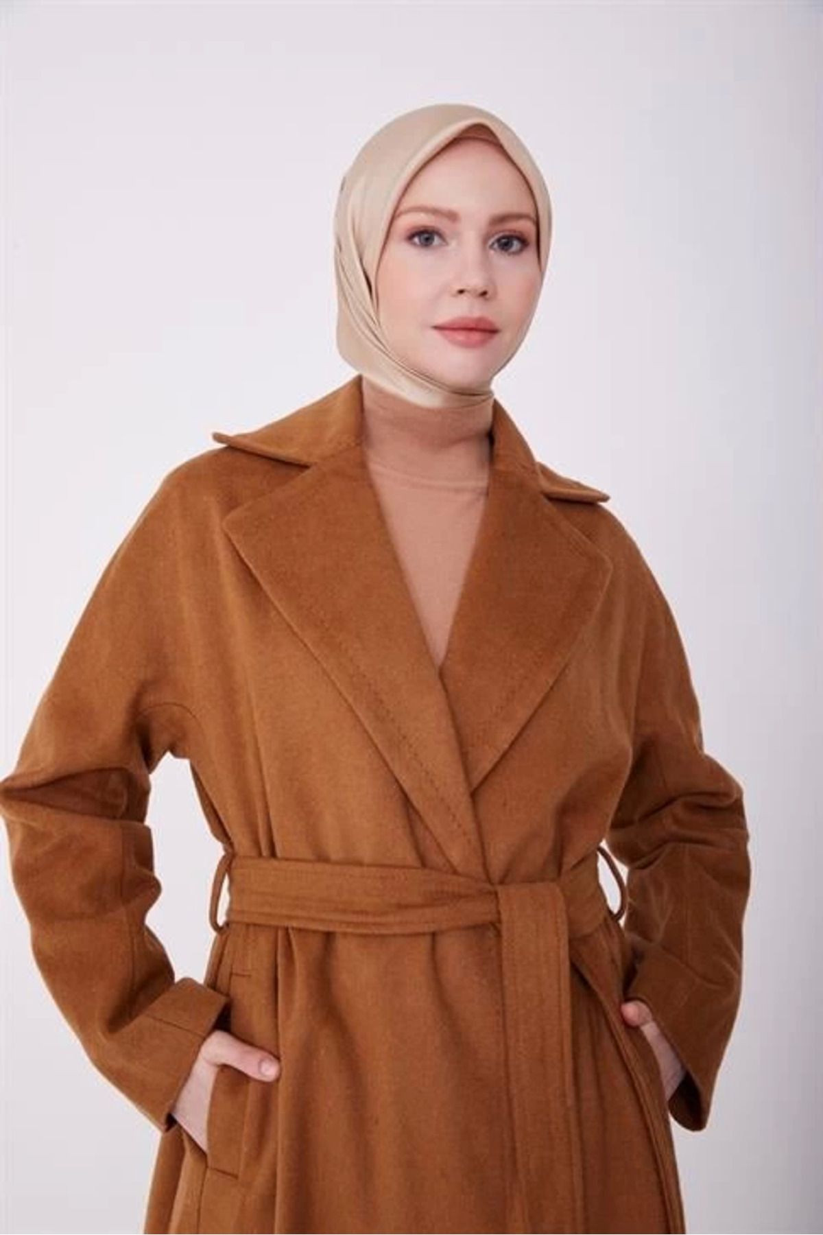 aradimtaradim Armine Belden Kuşaklı Kaşe Kaban 22K8207 Camel
