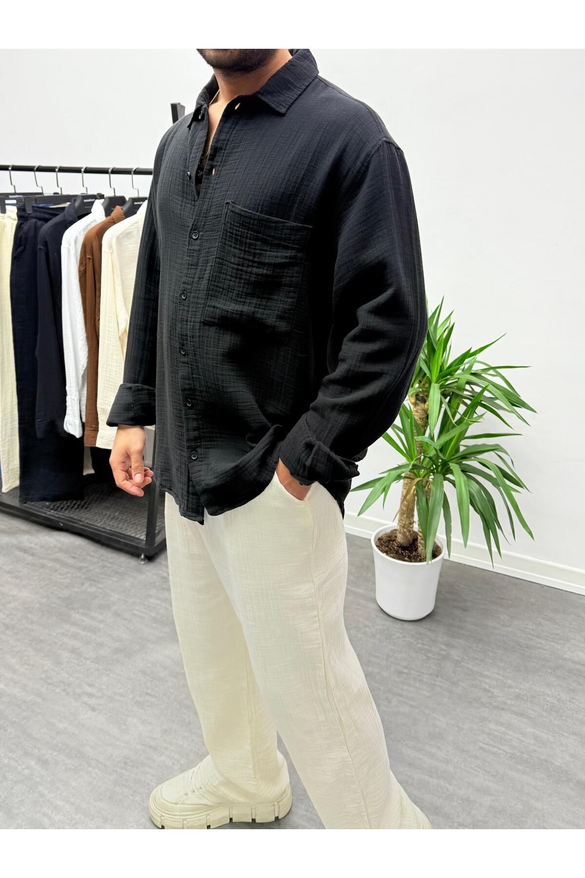 MENOFOURSWEAR Siyah Müslin Kumaş Oversize Gömlek
